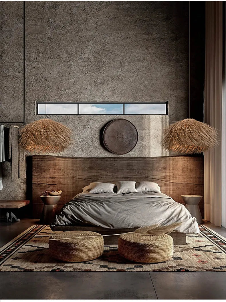 Græslysekrone i vintage japansk stil, pendel i rattan