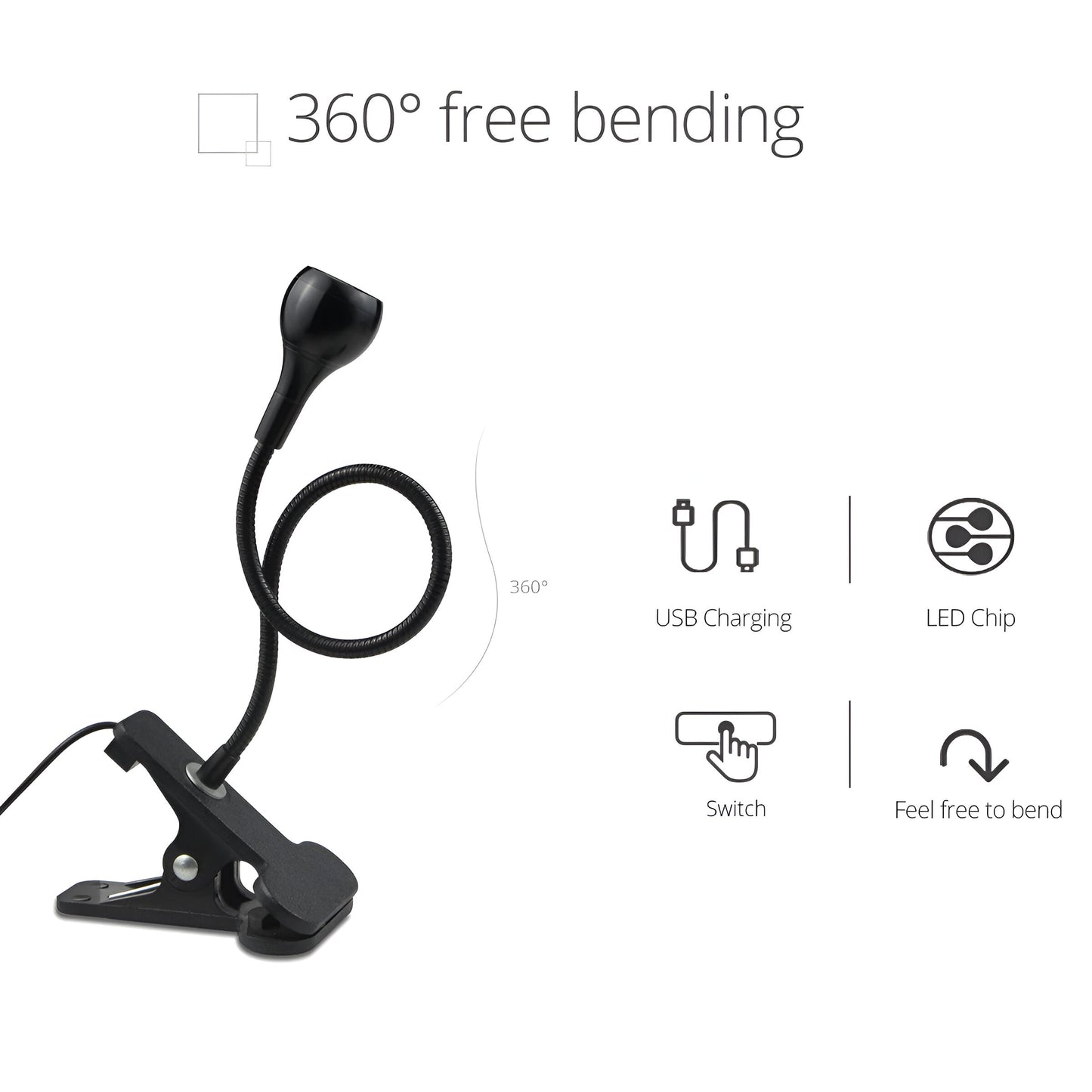 Clipnglow skrivebordslampe - 360° drejelig, usb-drevet, fleksibel skrivebordslampe