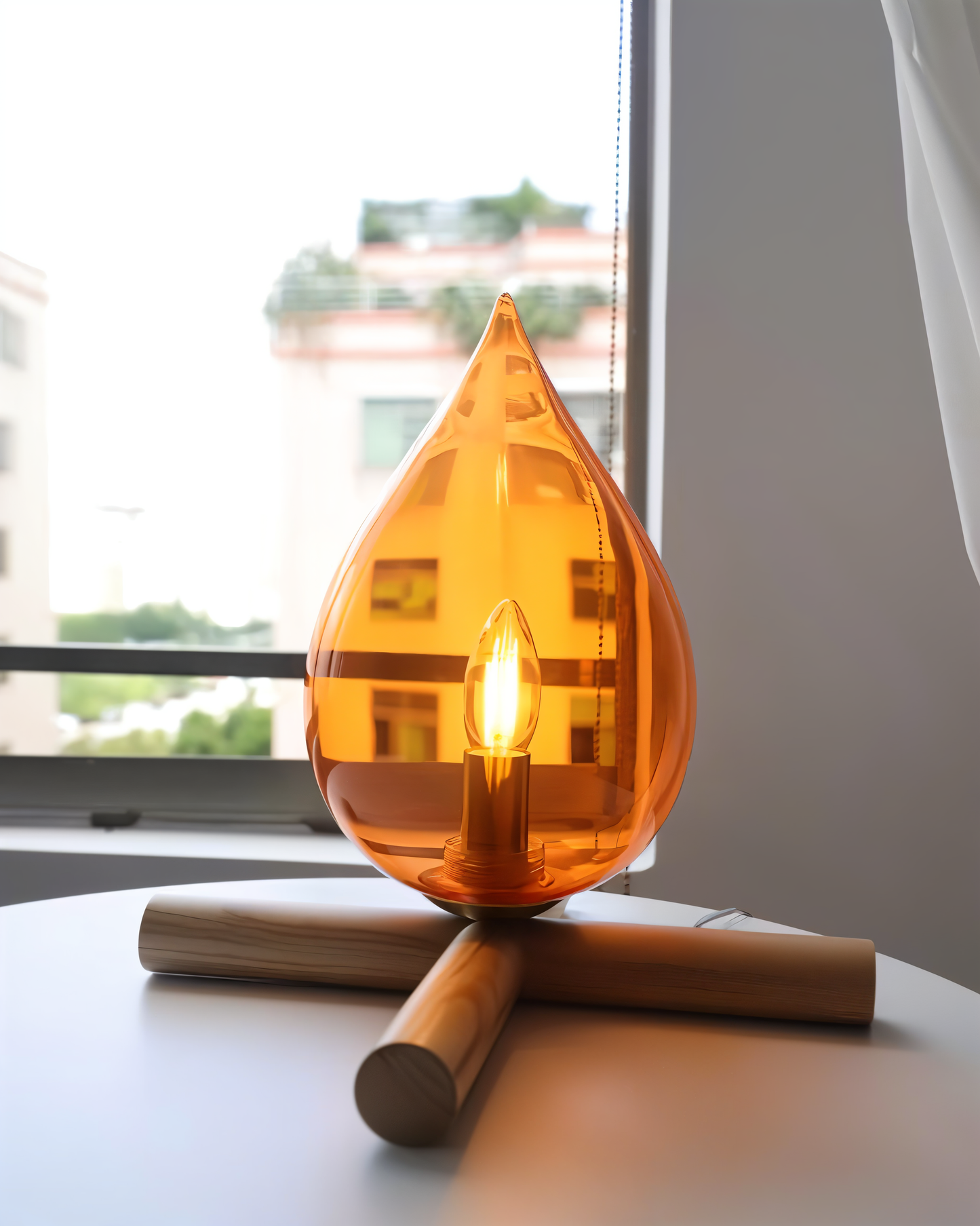 Fireflare bordlampe - lejrbålsflammelampe med træfod