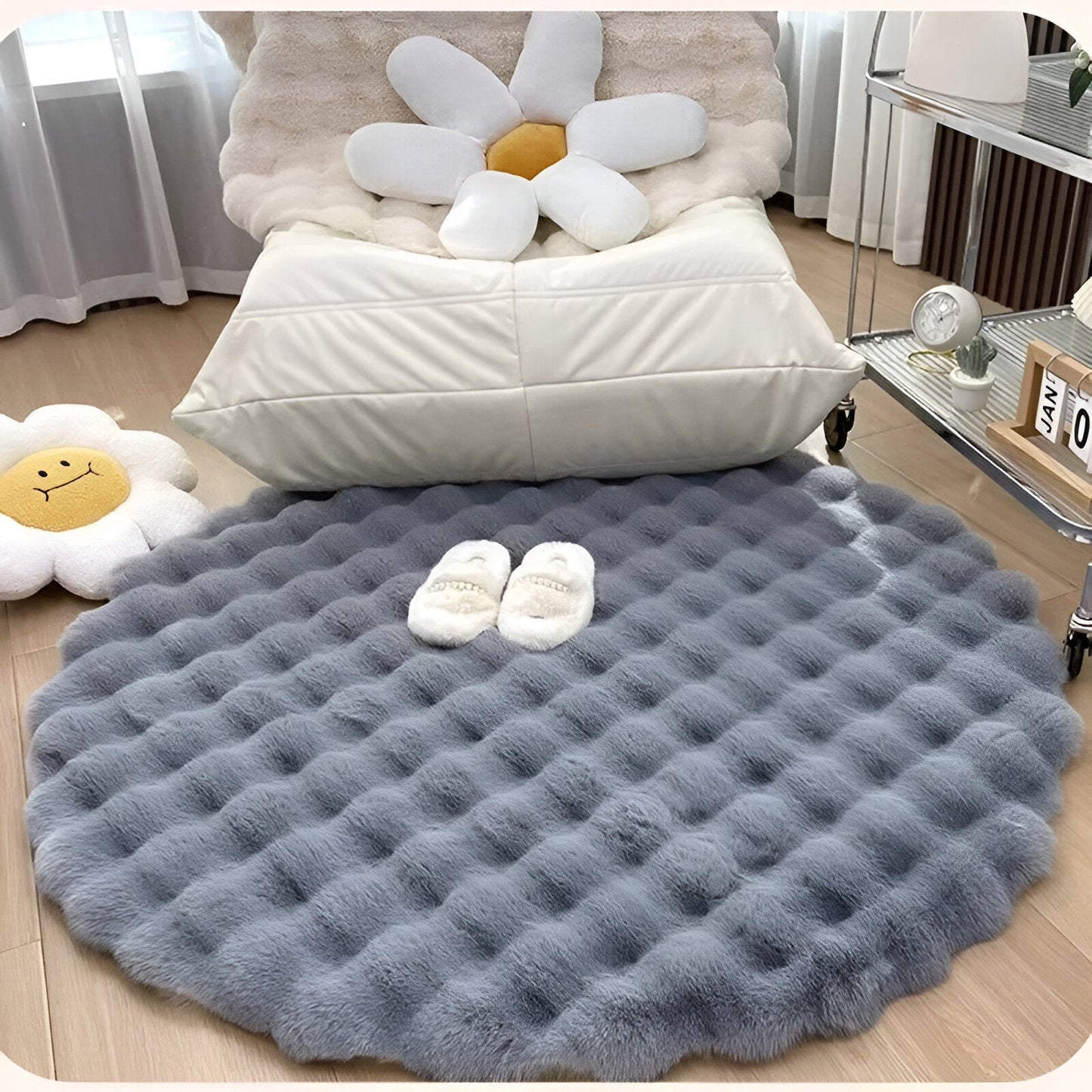 Fluffcush tæppe - fluffy premium fleece, skridsikker, rund dekorativ måtte
