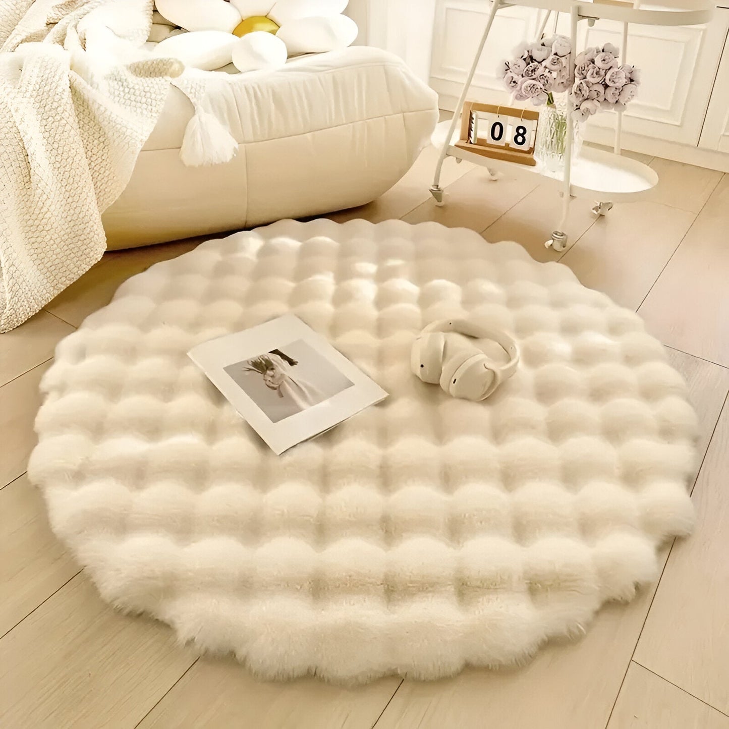 Fluffcush tæppe - fluffy premium fleece, skridsikker, rund dekorativ måtte