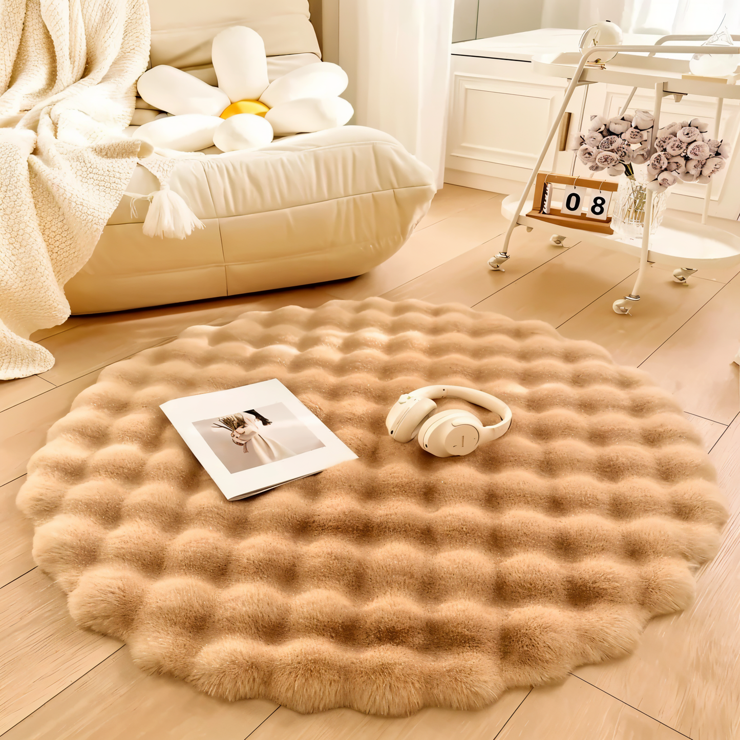 Fluffcush tæppe - fluffy premium fleece, skridsikker, rund dekorativ måtte