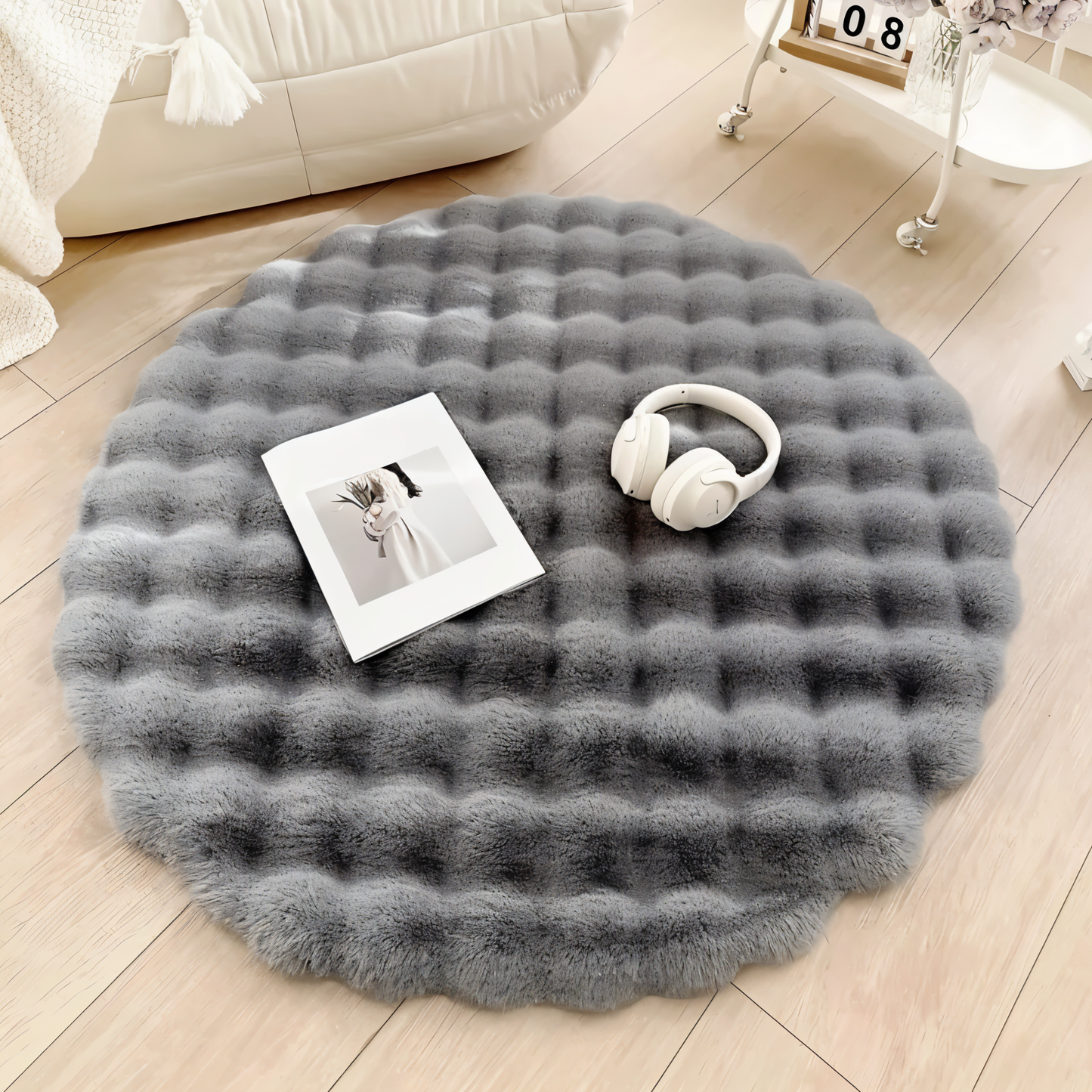 Fluffcush tæppe - fluffy premium fleece, skridsikker, rund dekorativ måtte