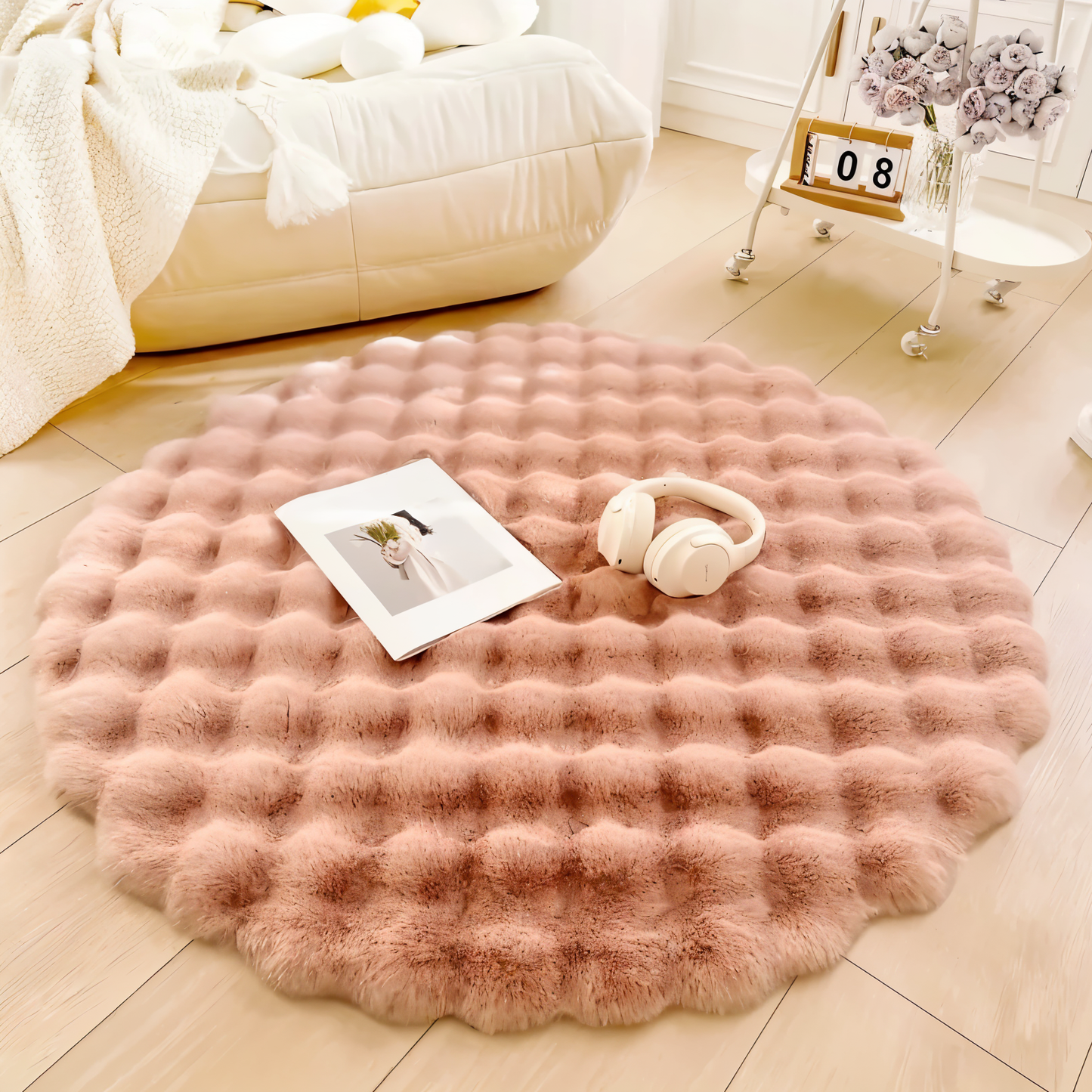 Fluffcush tæppe - fluffy premium fleece, skridsikker, rund dekorativ måtte
