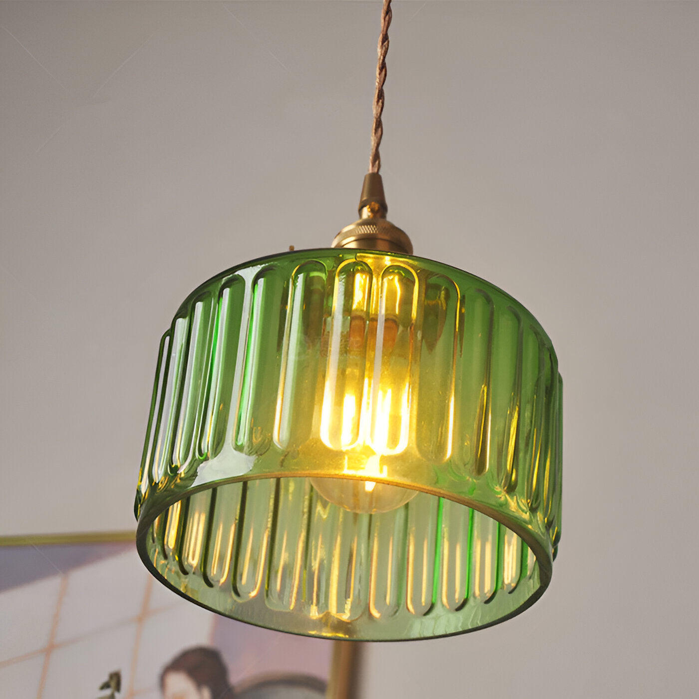 Glamourglass pendel - vintage grøn hængelampe - cylindrisk lys