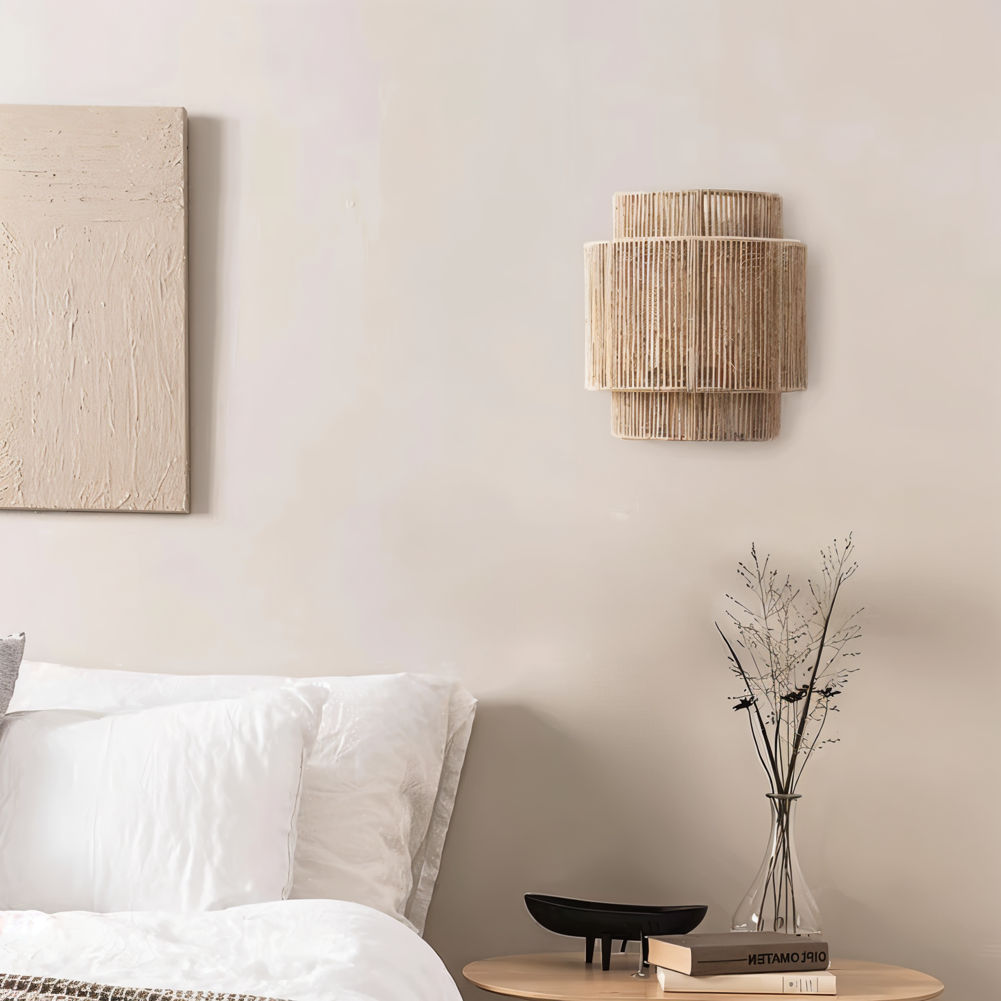 Væglampe i hamp - lampeskærm i hampereb og rattan - boho-vægdekoration