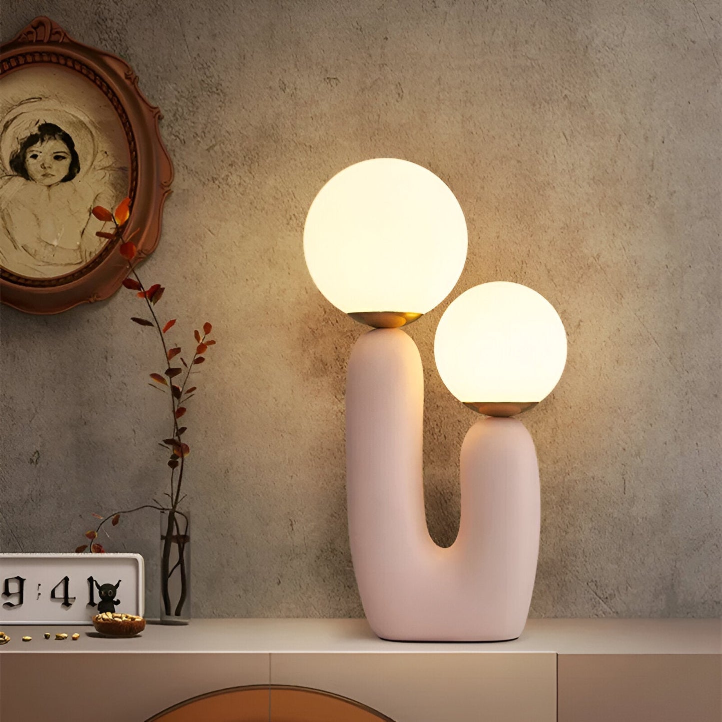 Harpiks u bordlampe - nordisk dobbelt glas globe bordlampe - kreativ kaktus lampe