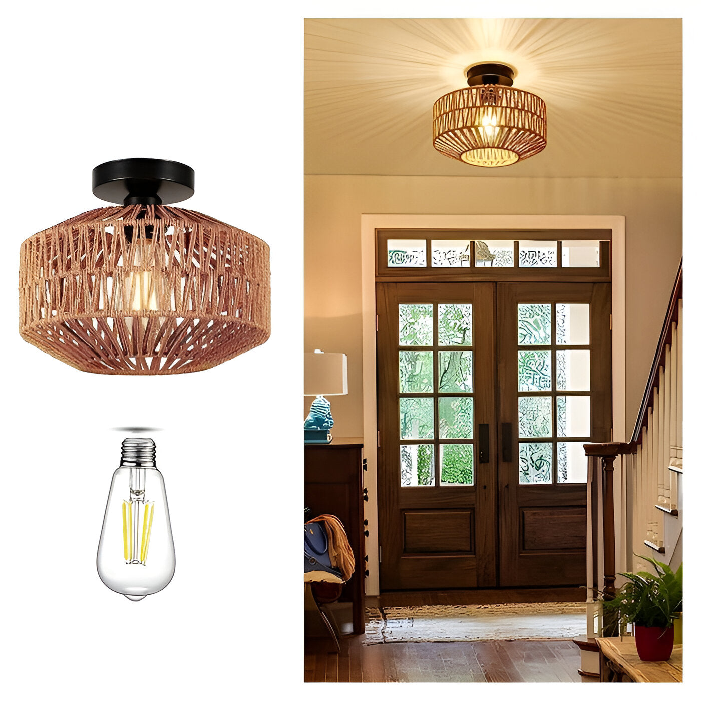 Lustreboho loftslampe - håndlavet loftslampe i rattan - indbygningslampe i rattan