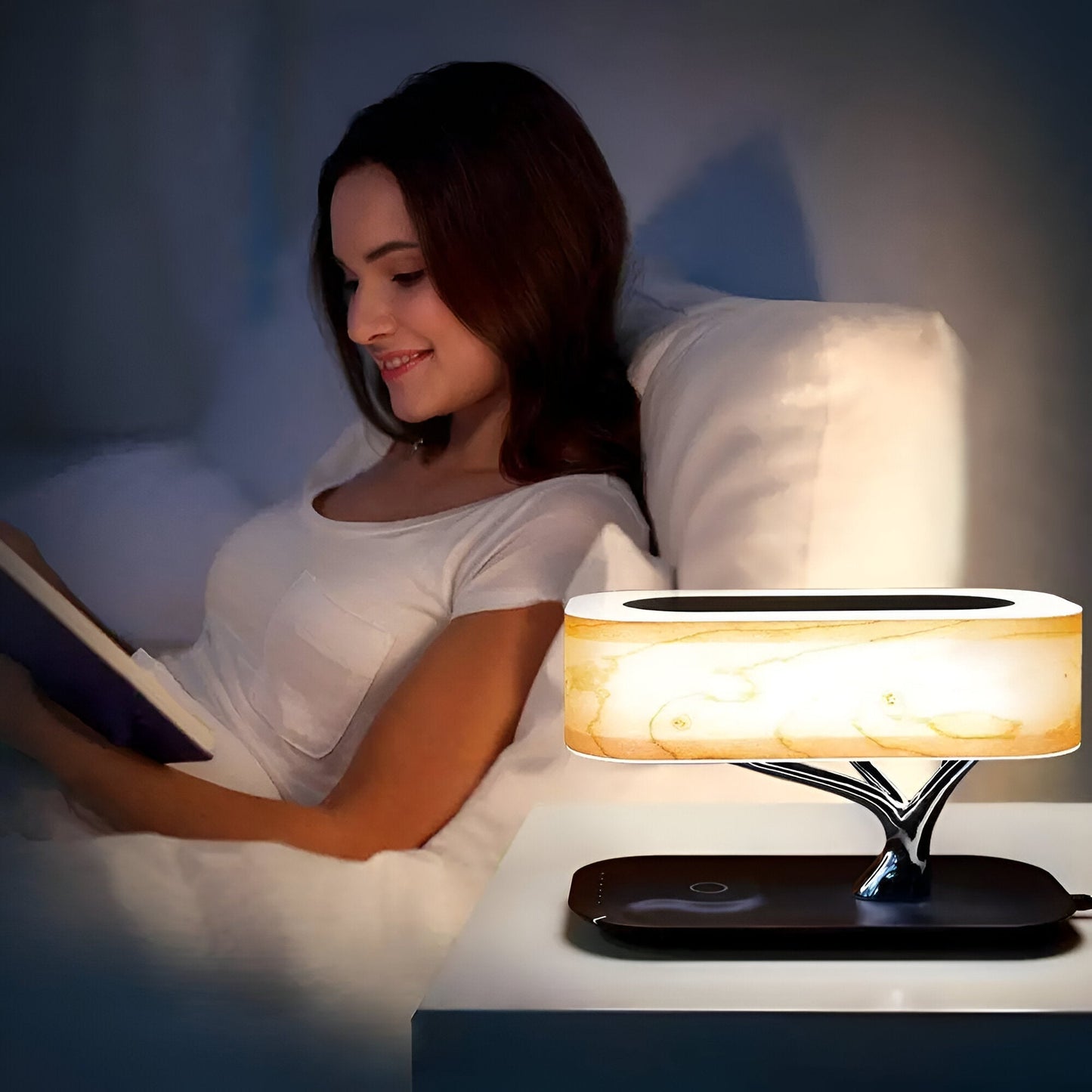 Naturetune bordlampe - multifunktionel sengelampe med bluetooth-højttaler og trådløs oplader