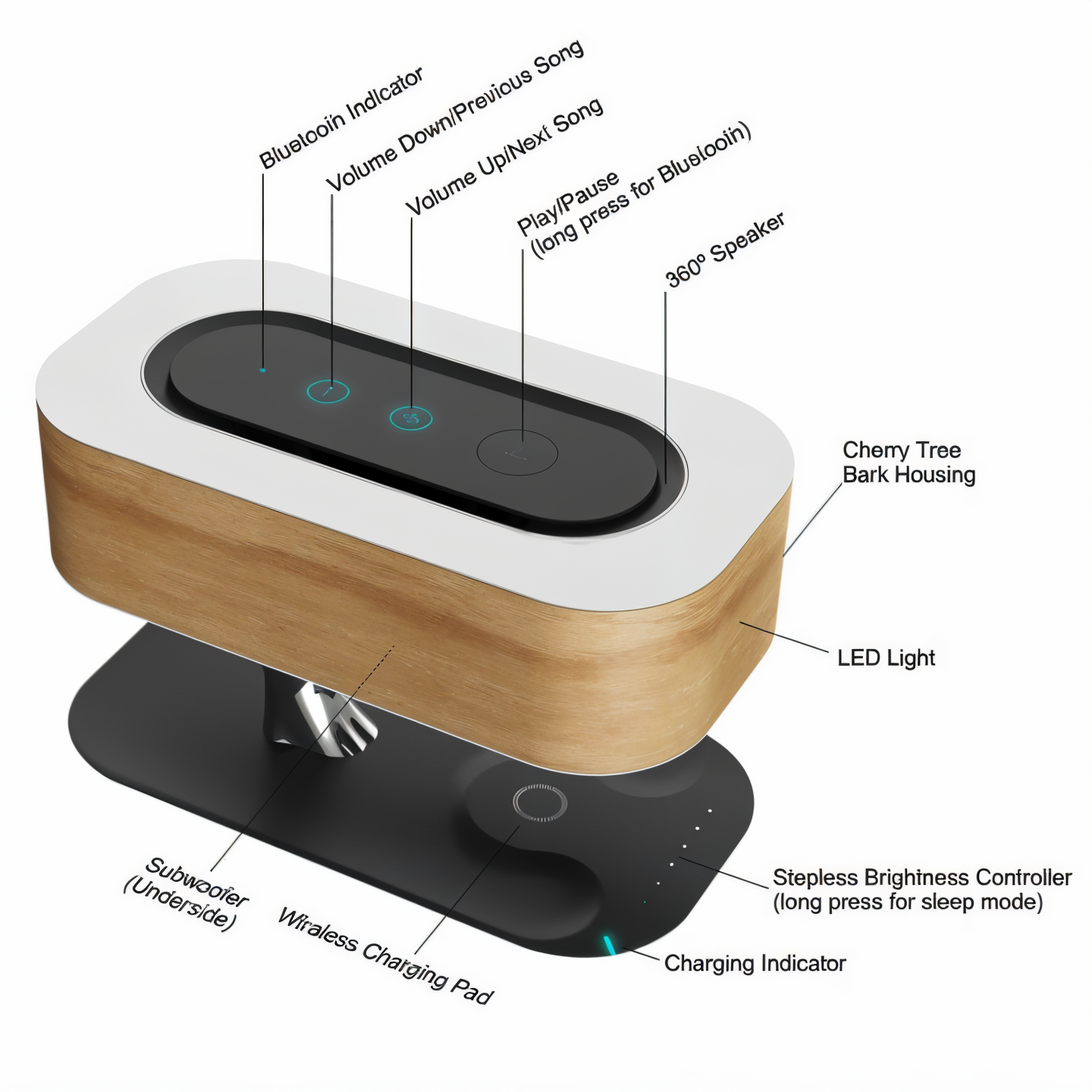 Naturetune bordlampe - multifunktionel sengelampe med bluetooth-højttaler og trådløs oplader