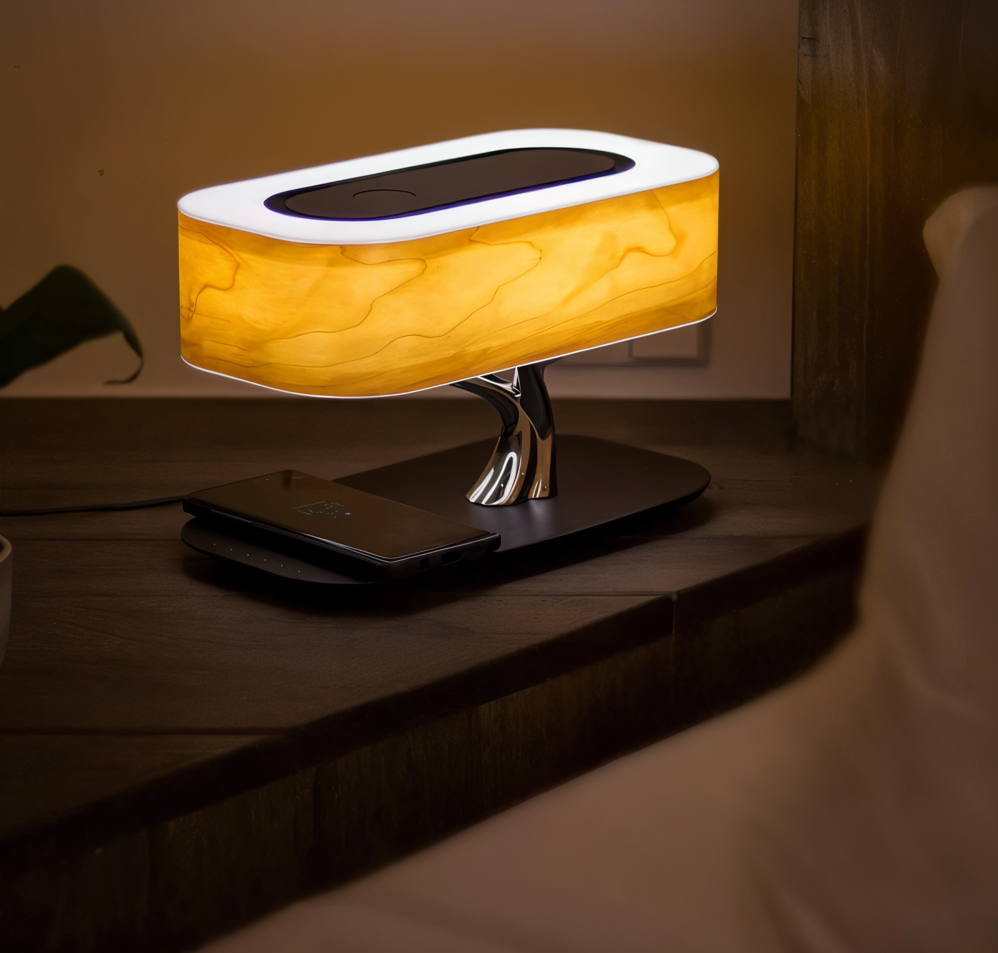 Naturetune bordlampe - multifunktionel sengelampe med bluetooth-højttaler og trådløs oplader