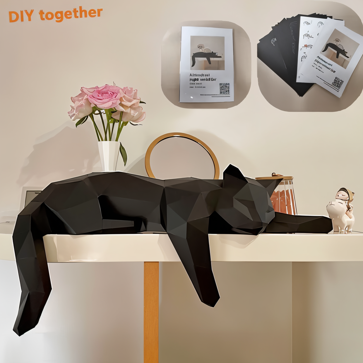 Oripurr - kunstnerisk diy sort hvid 3d sløv origami kat dekoration