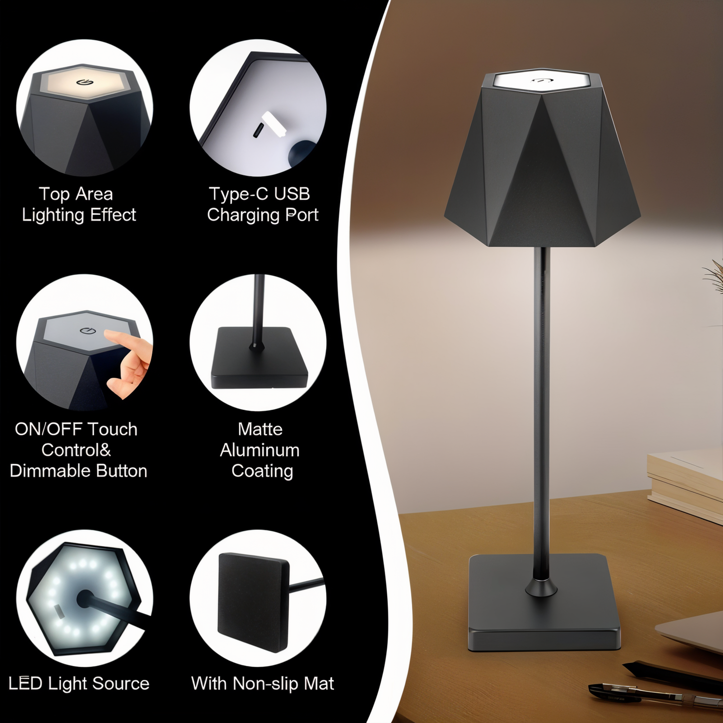 Polylamp - bærbar sekskantet led-bordlampe - vandtæt og genopladelig