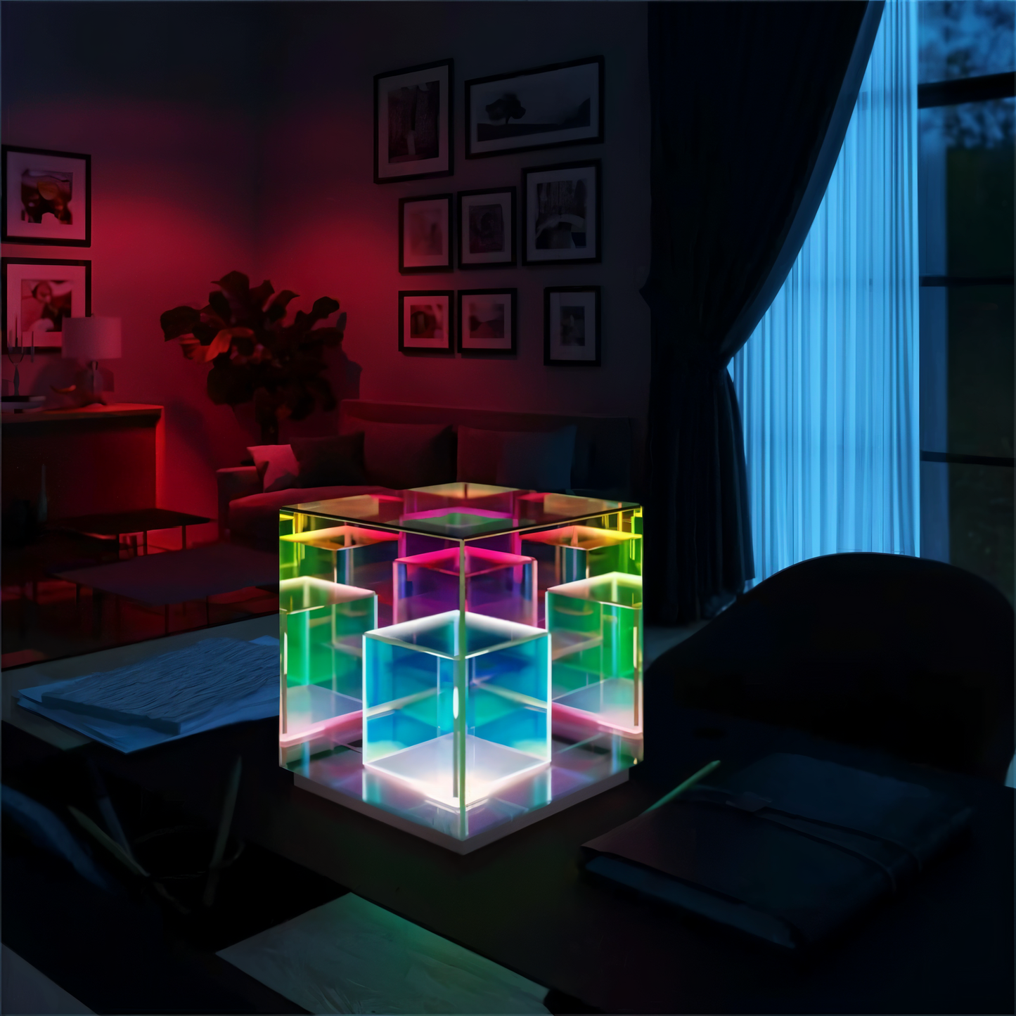 Spectra-cube bordlampe - regnbueakryl led-lampe med fascinerende 3d-illusion