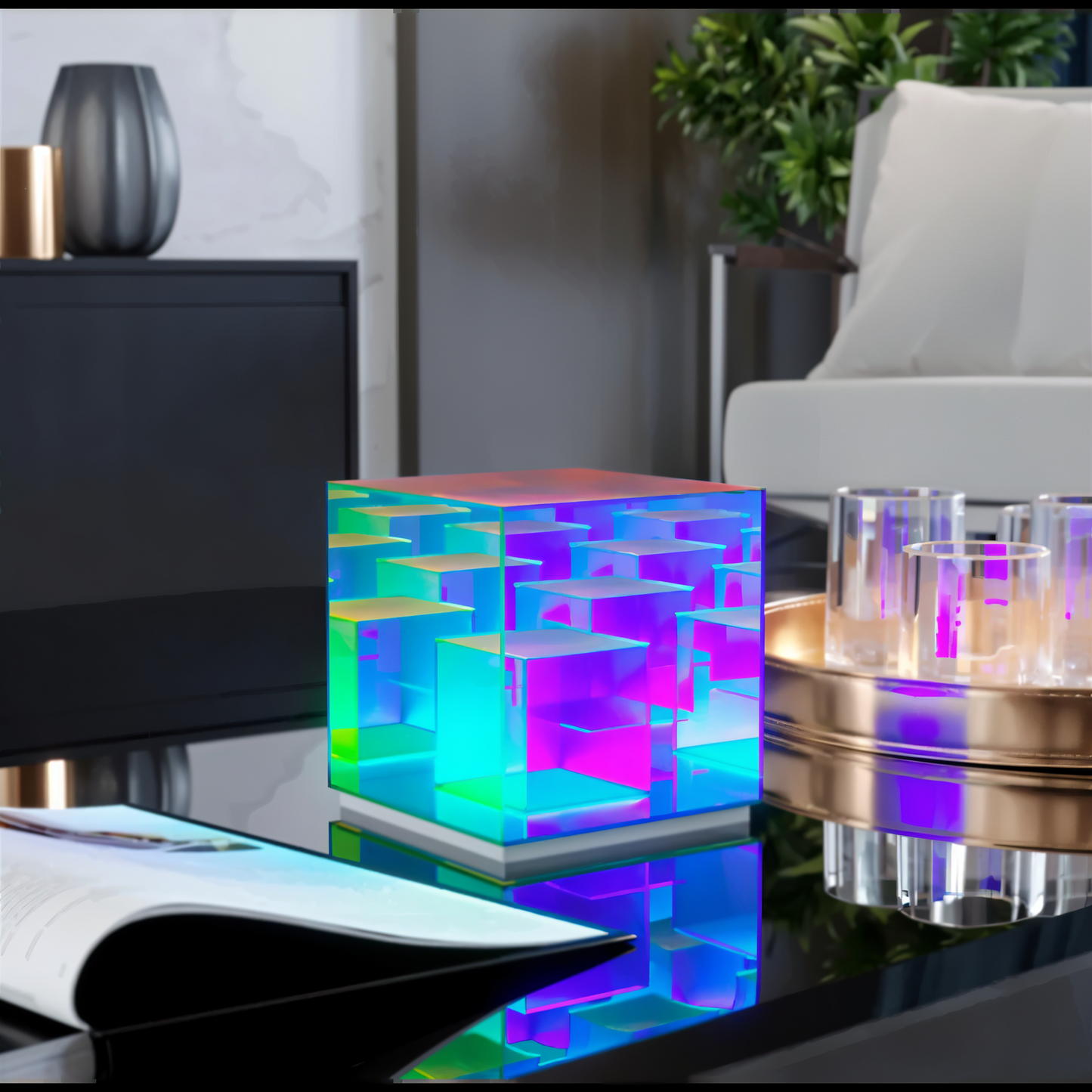 Spectra-cube bordlampe - regnbueakryl led-lampe med fascinerende 3d-illusion