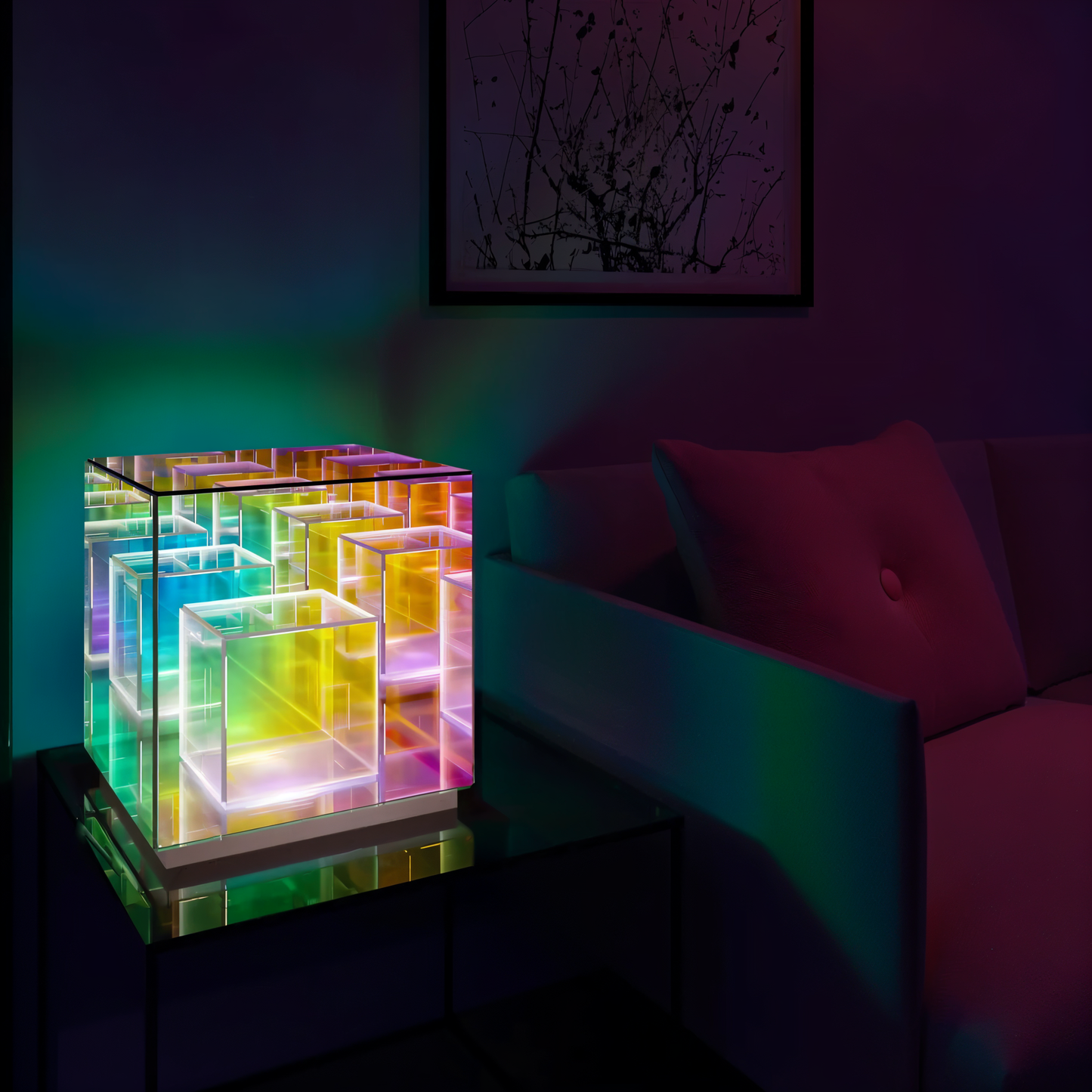 Spectra-cube bordlampe - regnbueakryl led-lampe med fascinerende 3d-illusion