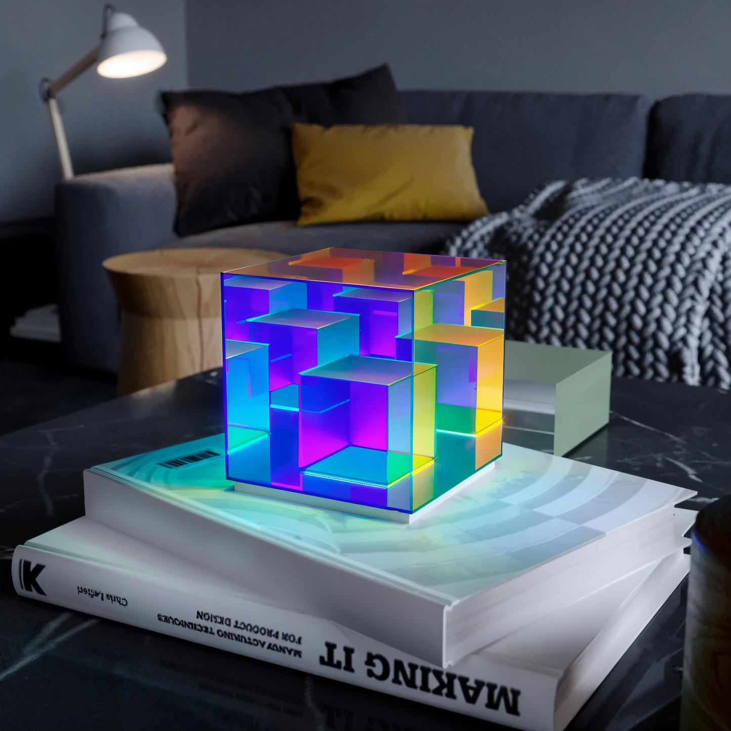 Spectra-cube bordlampe - regnbueakryl led-lampe med fascinerende 3d-illusion