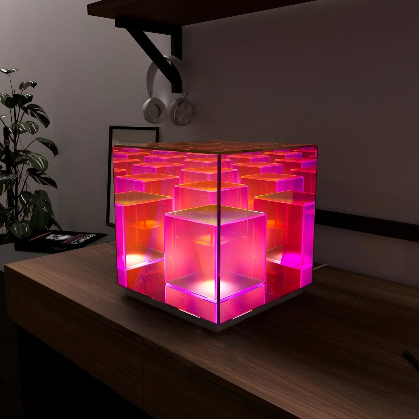 Spectra-cube bordlampe - regnbueakryl led-lampe med fascinerende 3d-illusion