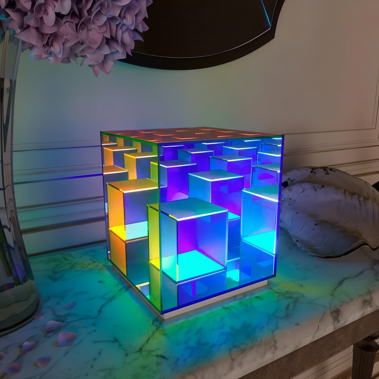 Spectra-cube bordlampe - regnbueakryl led-lampe med fascinerende 3d-illusion