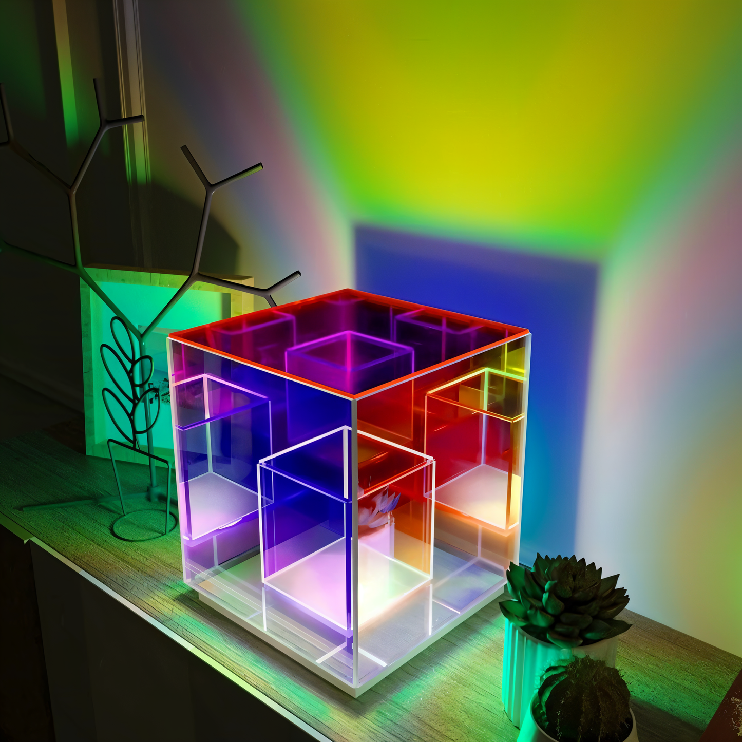 Spectra-cube bordlampe - regnbueakryl led-lampe med fascinerende 3d-illusion