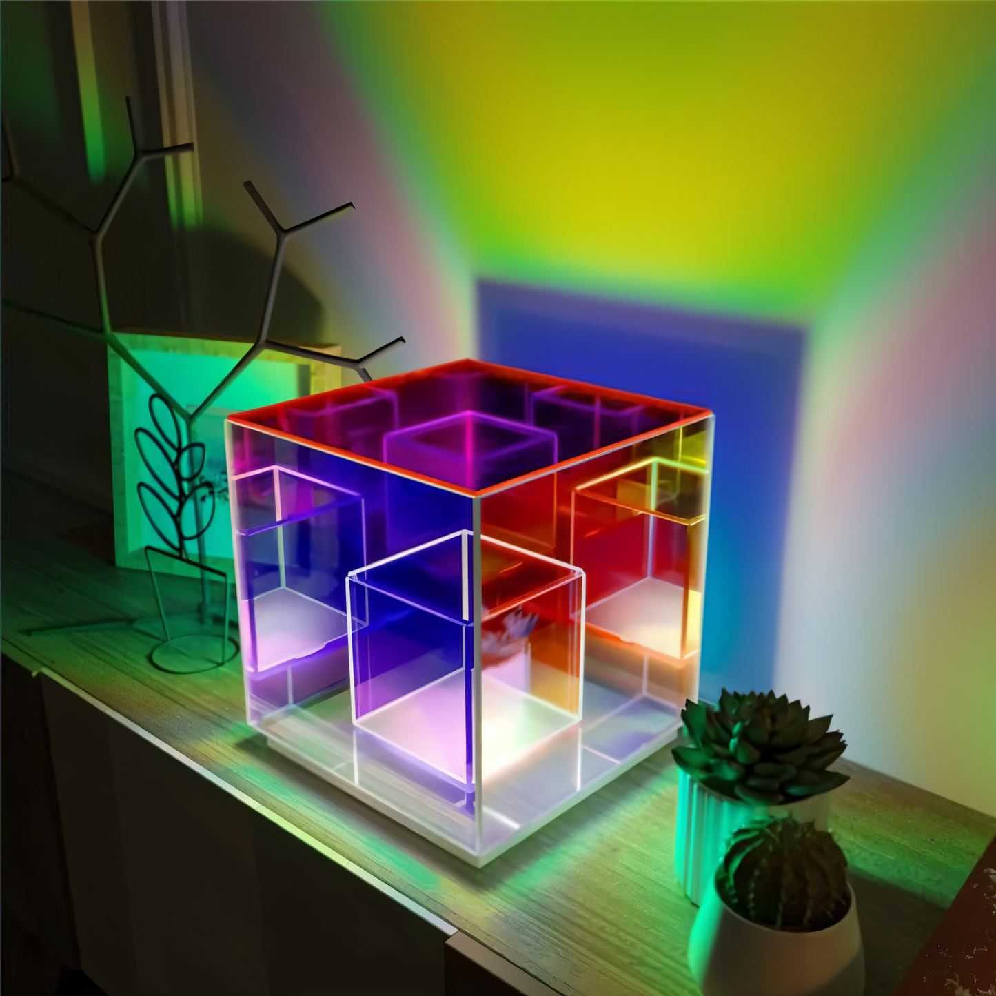 Spectra-cube bordlampe - regnbueakryl led-lampe med fascinerende 3d-illusion