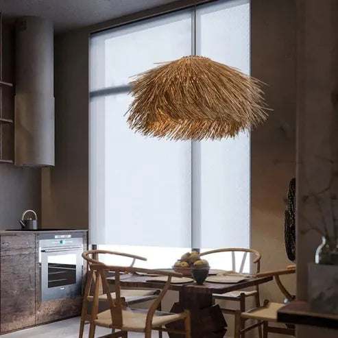 Græslysekrone i vintage japansk stil, pendel i rattan