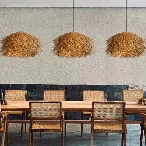 Græslysekrone i vintage japansk stil, pendel i rattan