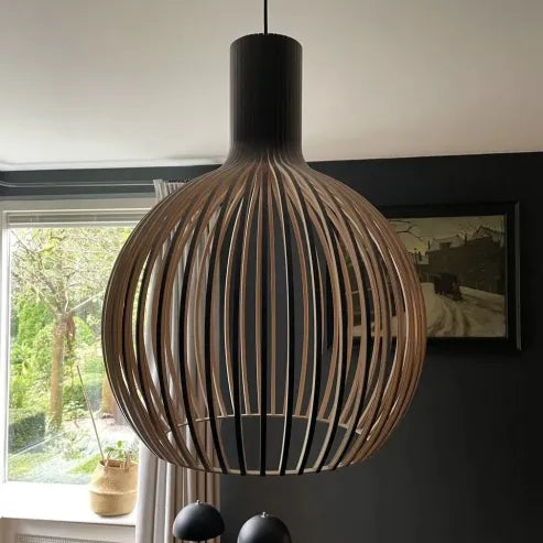 Nordisk fugleburlampe i træ, japansk kreativ pendel i træ