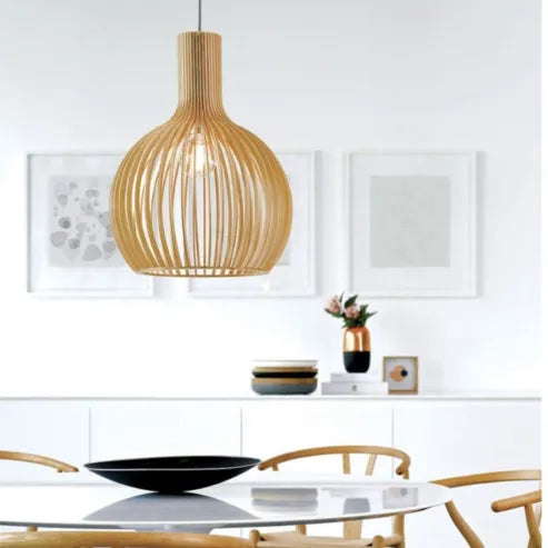 Nordisk fugleburlampe i træ, japansk kreativ pendel i træ