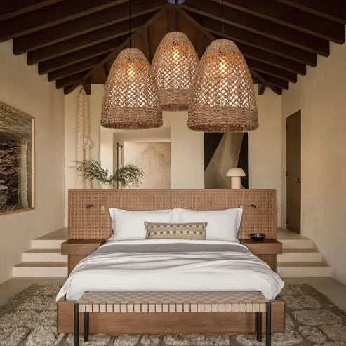 Bondegård kyst boho hængende lampe med håndvævet rattan vævet pendel