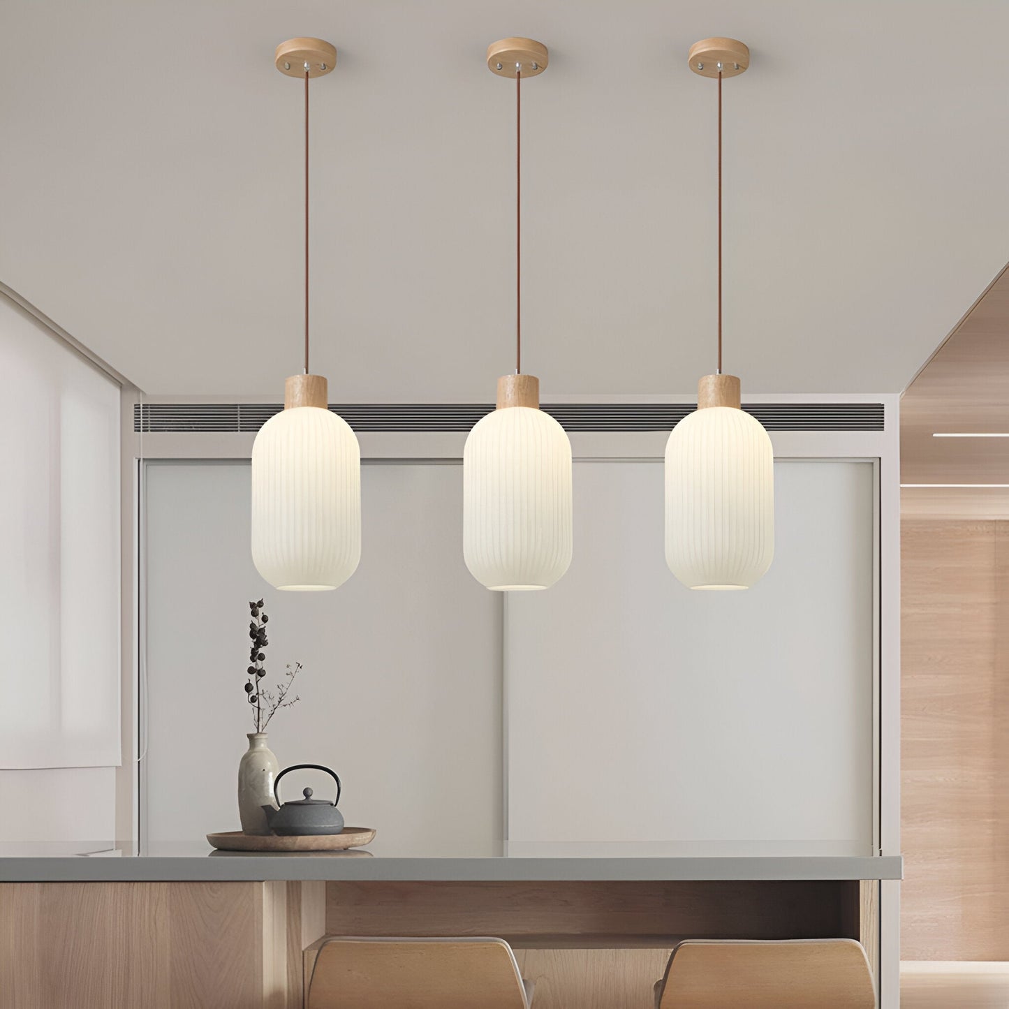 Akariluxe pendellampe - elegant japansk mælkehvid ribbet glaspendel
