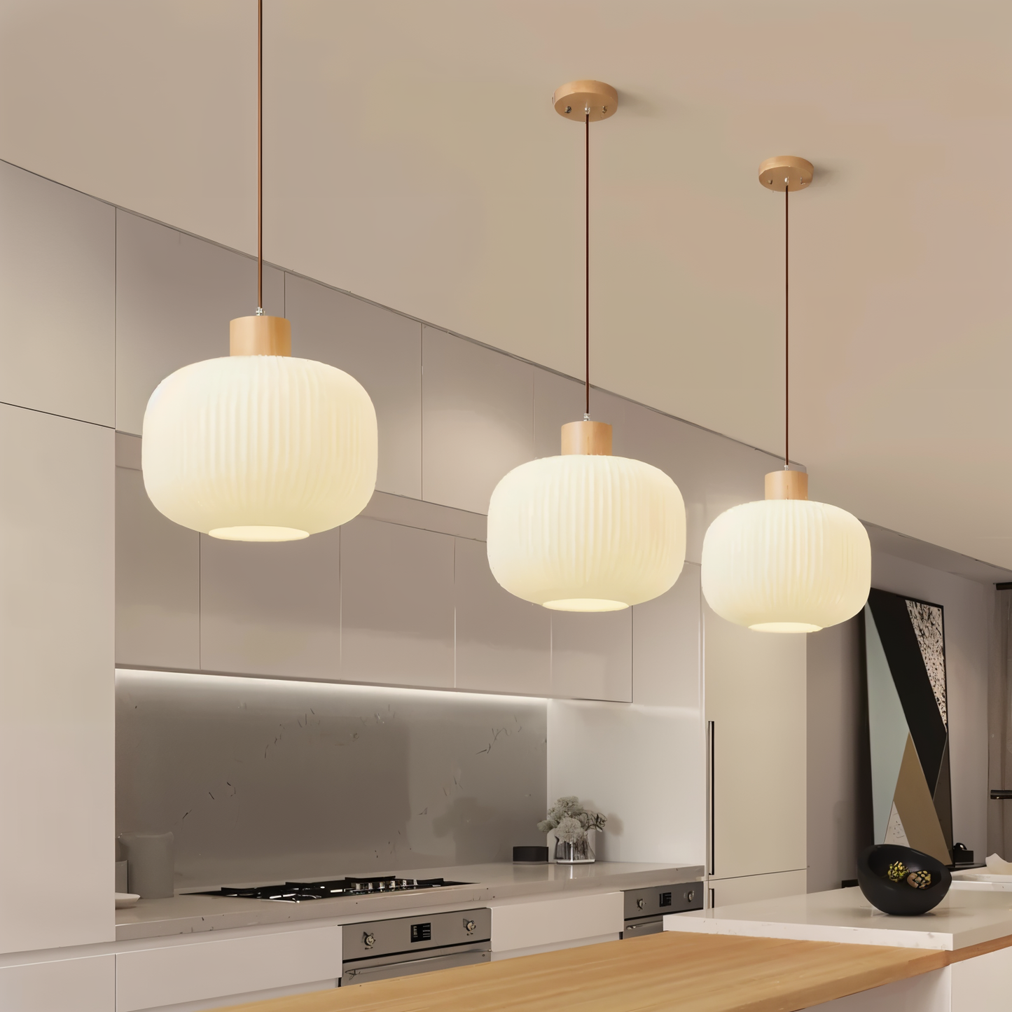 Akariluxe pendellampe - elegant japansk mælkehvid ribbet glaspendel