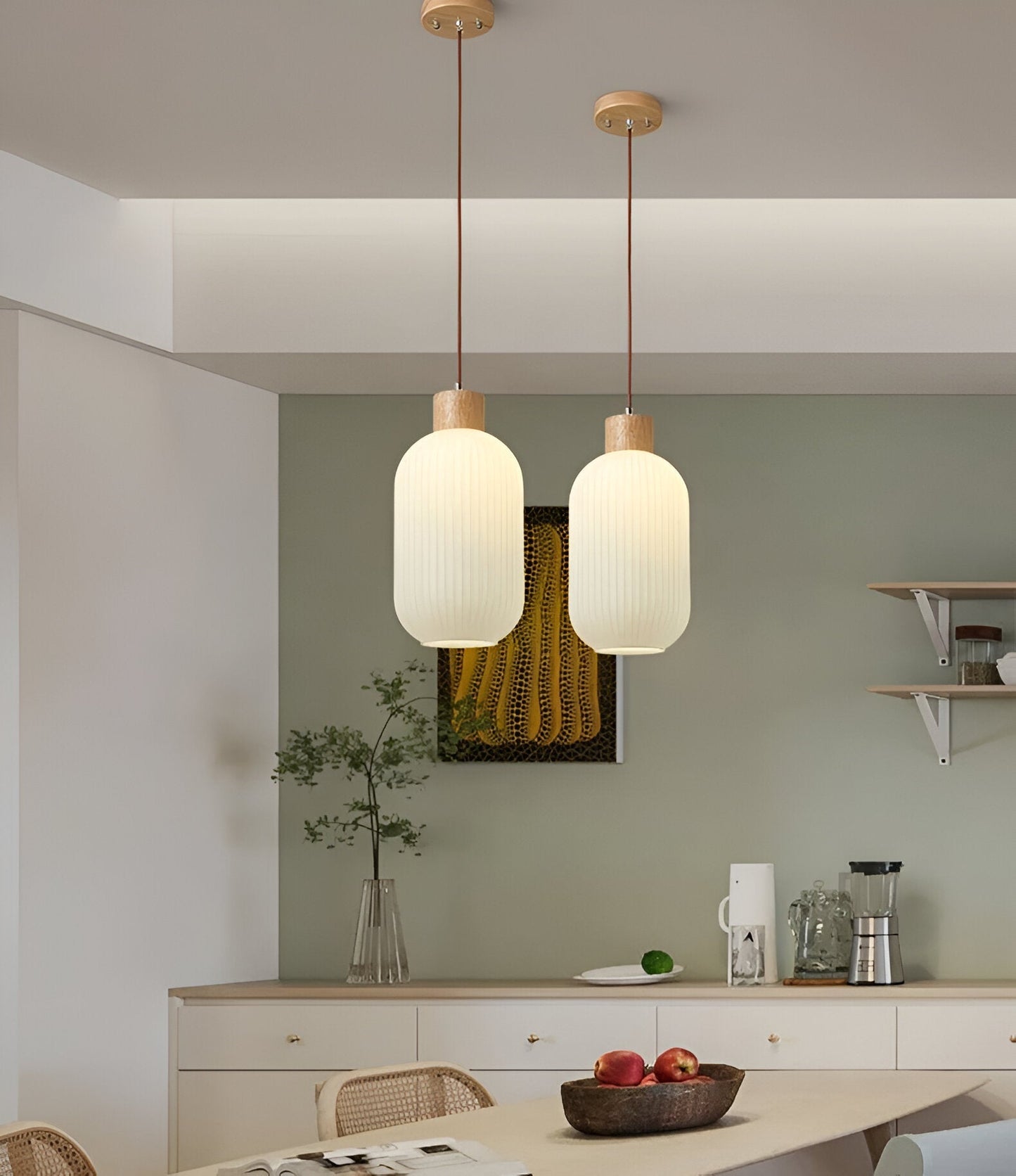 Akariluxe pendellampe - elegant japansk mælkehvid ribbet glaspendel