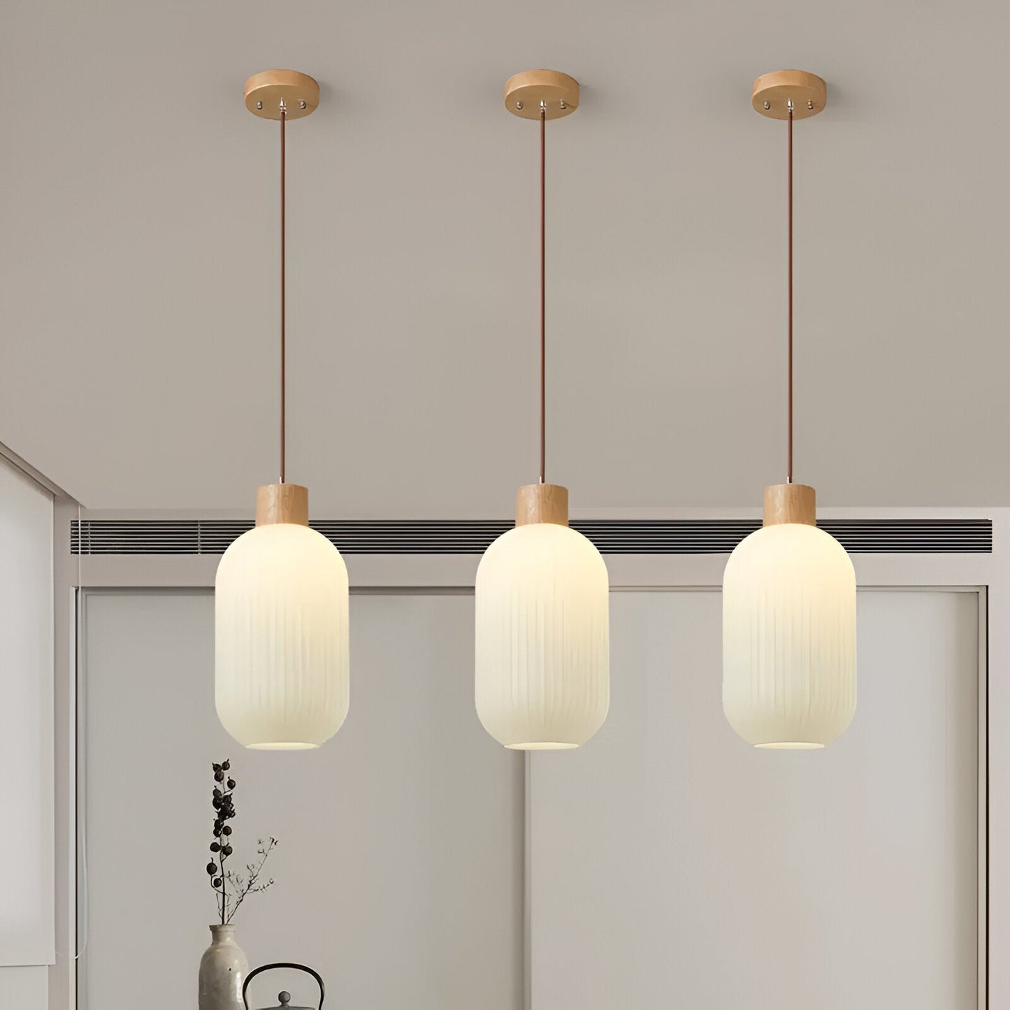 Akariluxe pendellampe - elegant japansk mælkehvid ribbet glaspendel