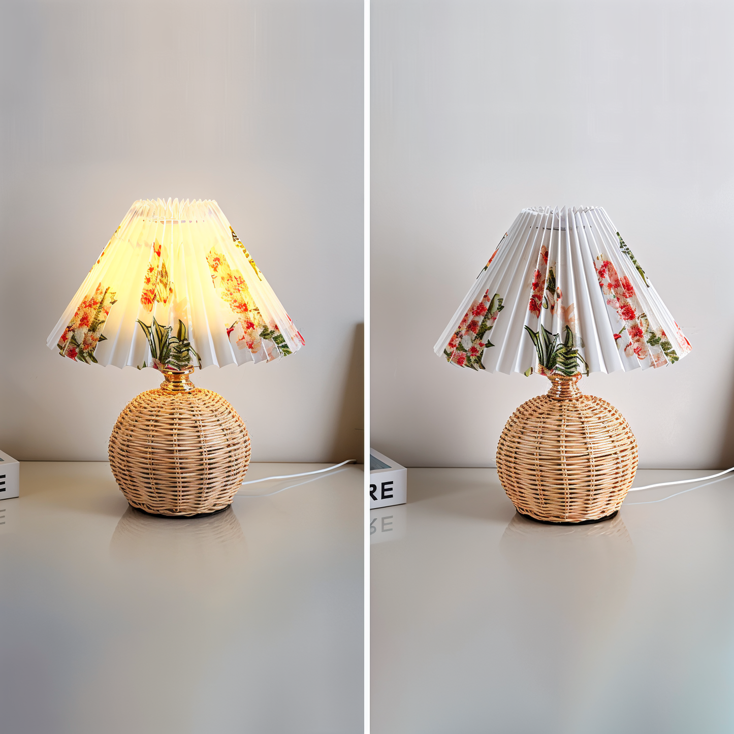 Brolly plisseret bordlampe - retro rattan lampe - konisk bordlampe