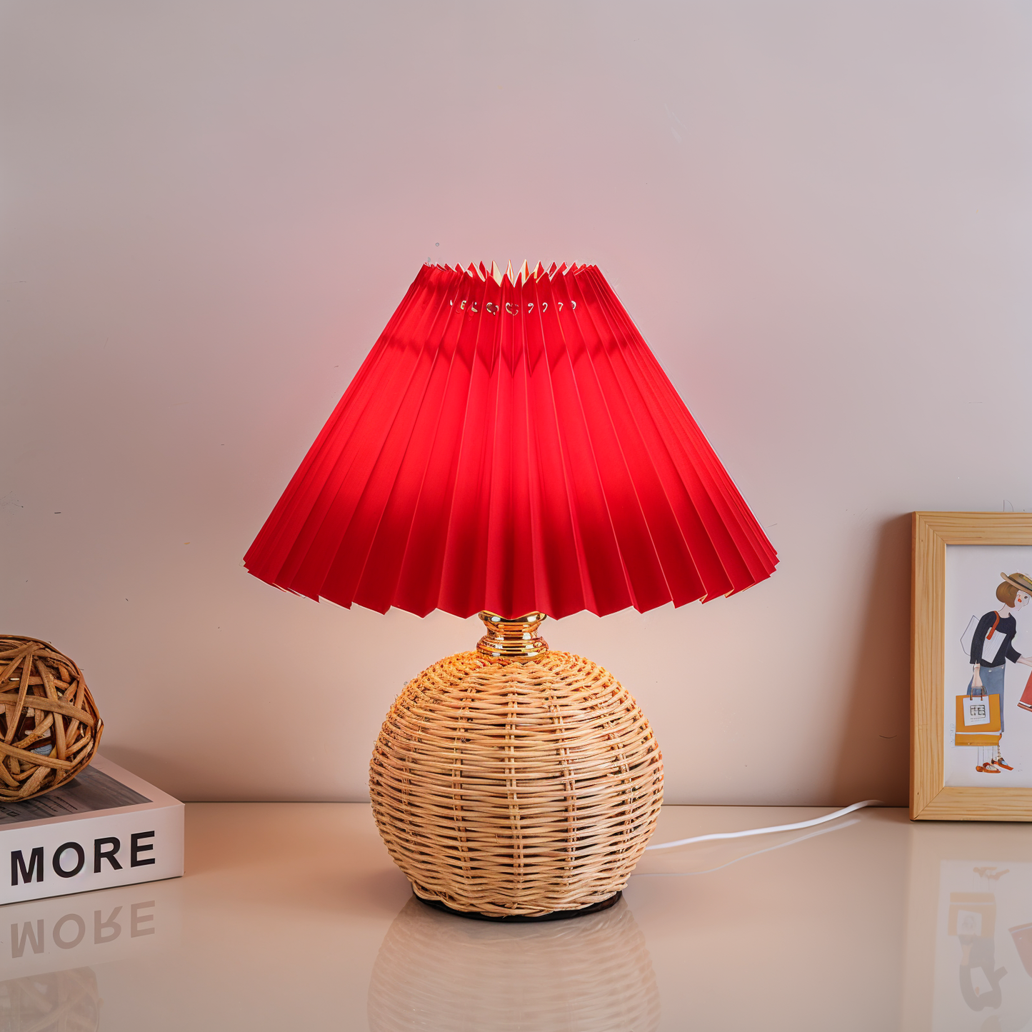 Brolly plisseret bordlampe - retro rattan lampe - konisk bordlampe