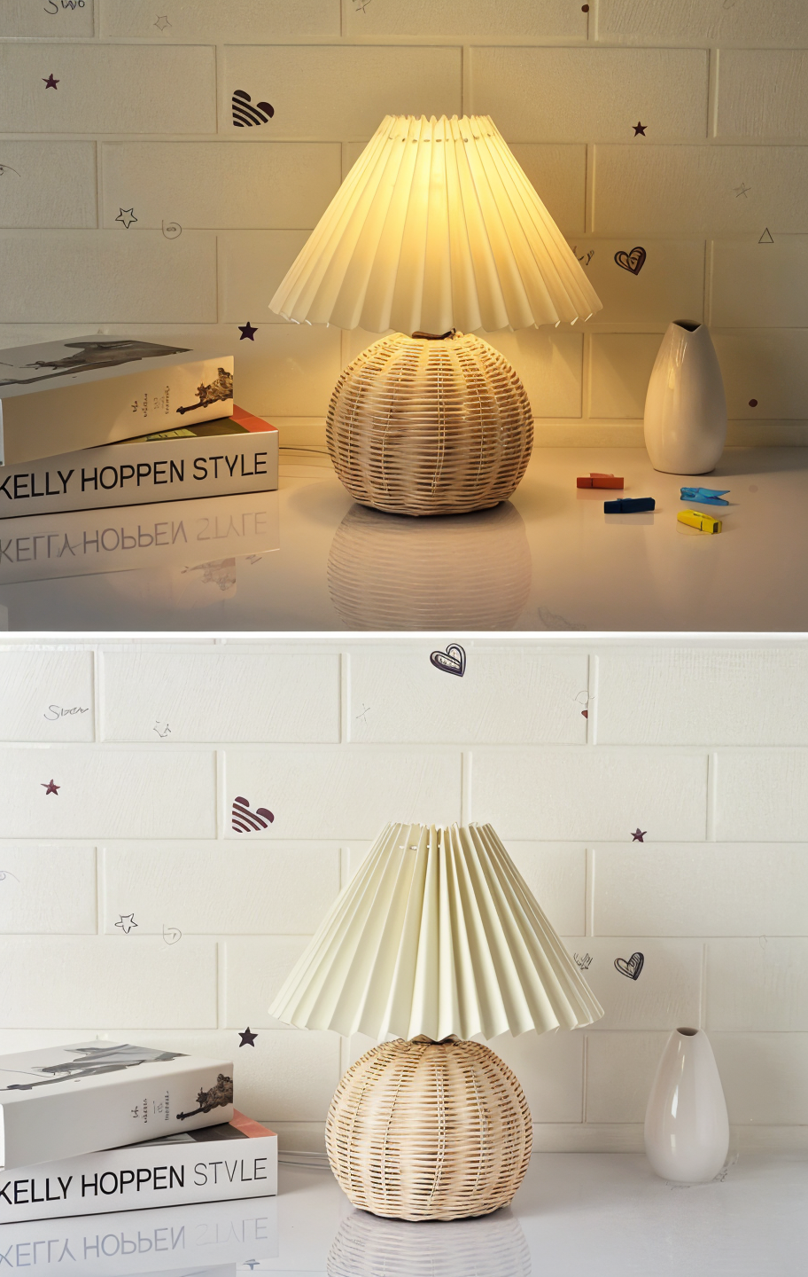 Brolly plisseret bordlampe - retro rattan lampe - konisk bordlampe