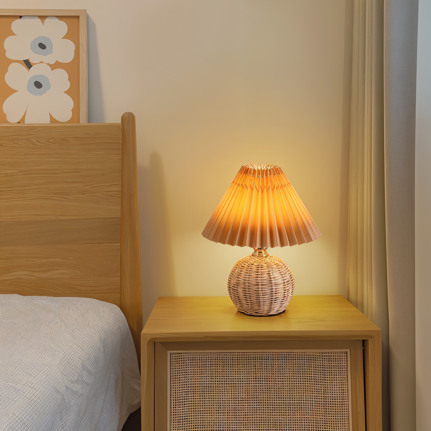 Brolly plisseret bordlampe - retro rattan lampe - konisk bordlampe