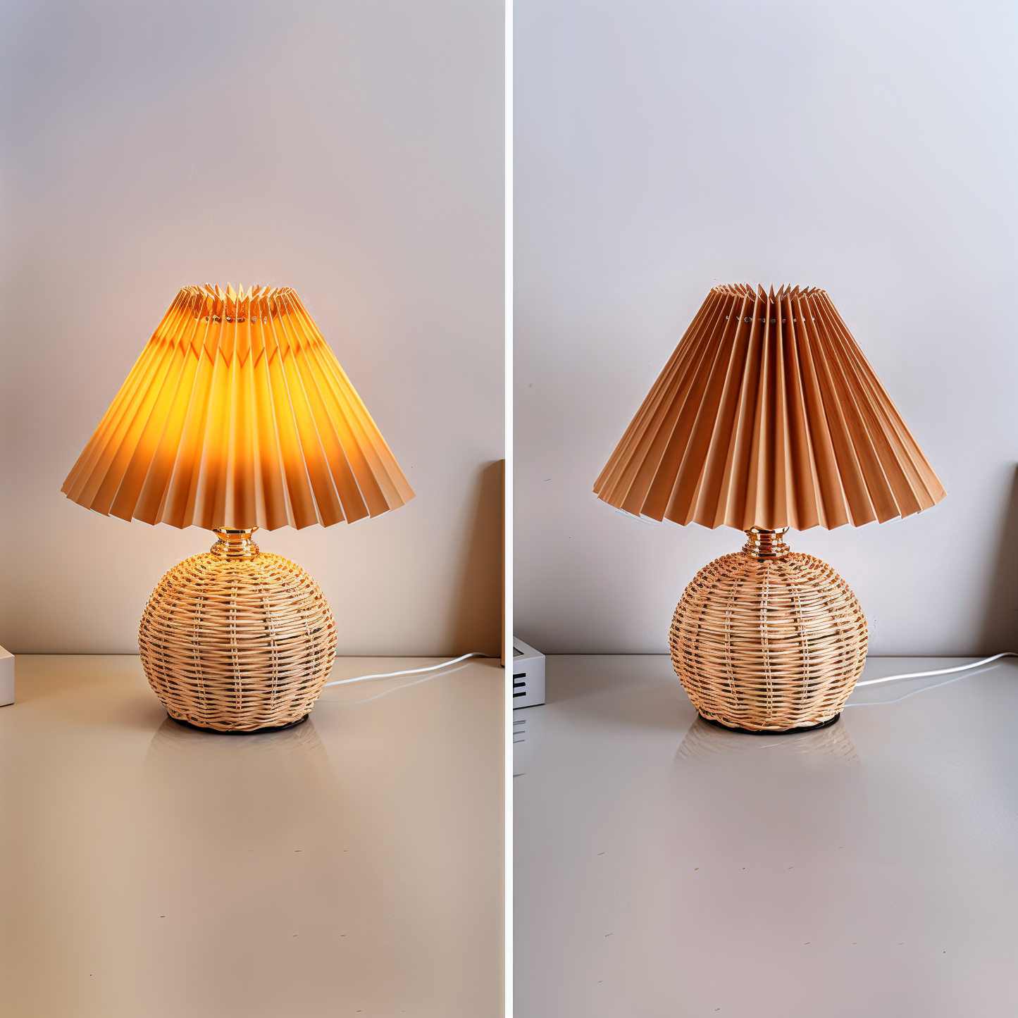 Brolly plisseret bordlampe - retro rattan lampe - konisk bordlampe