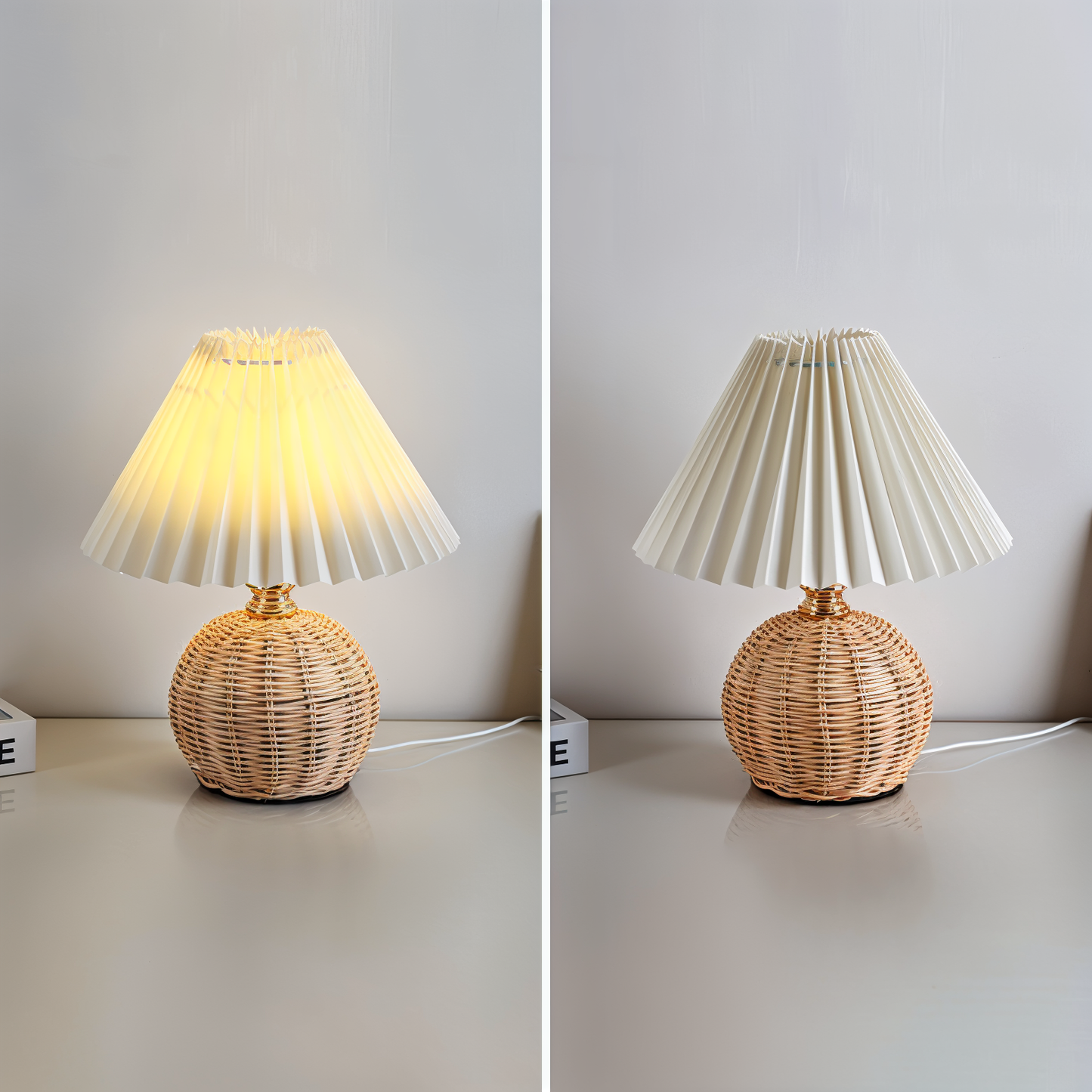 Brolly plisseret bordlampe - retro rattan lampe - konisk bordlampe