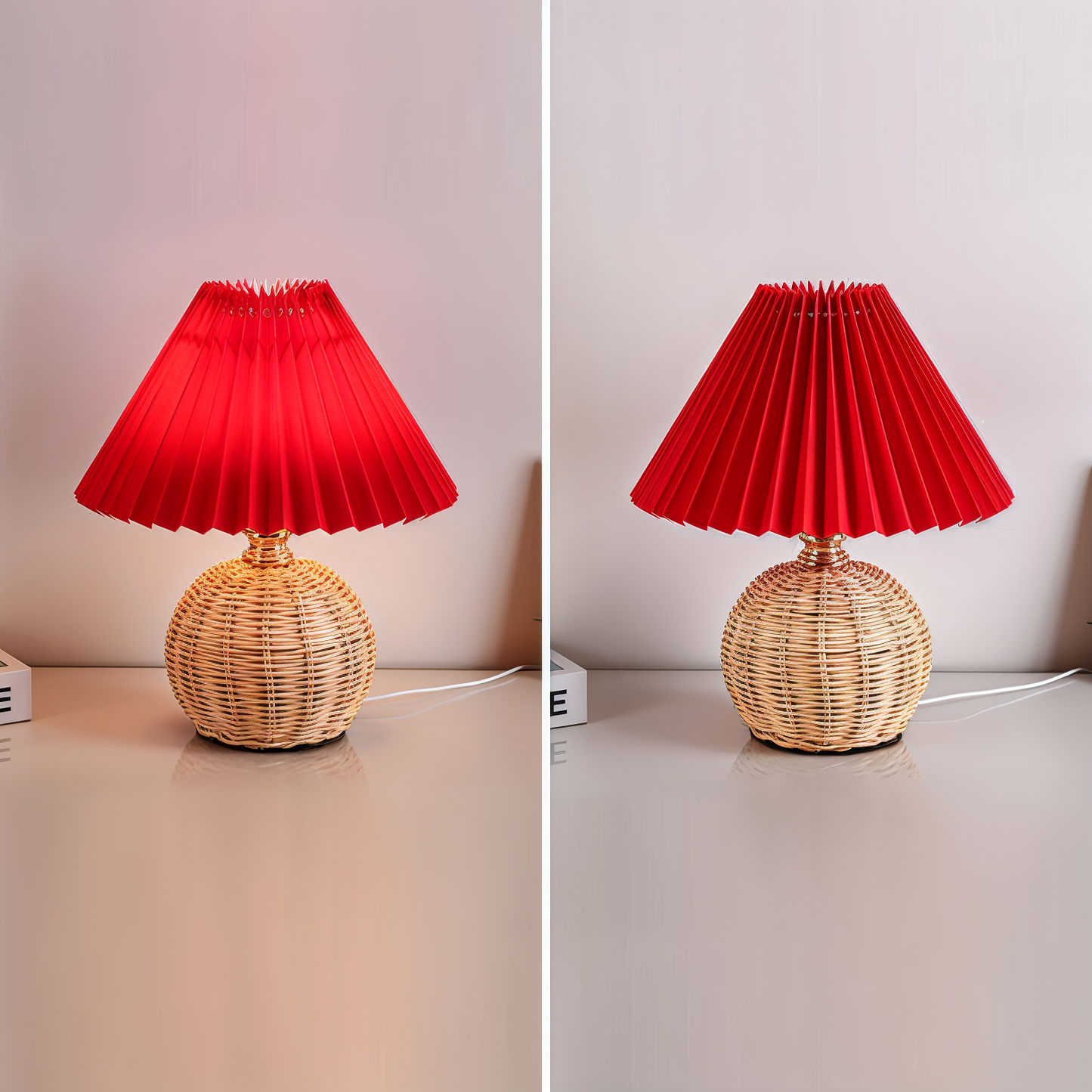 Brolly plisseret bordlampe - retro rattan lampe - konisk bordlampe