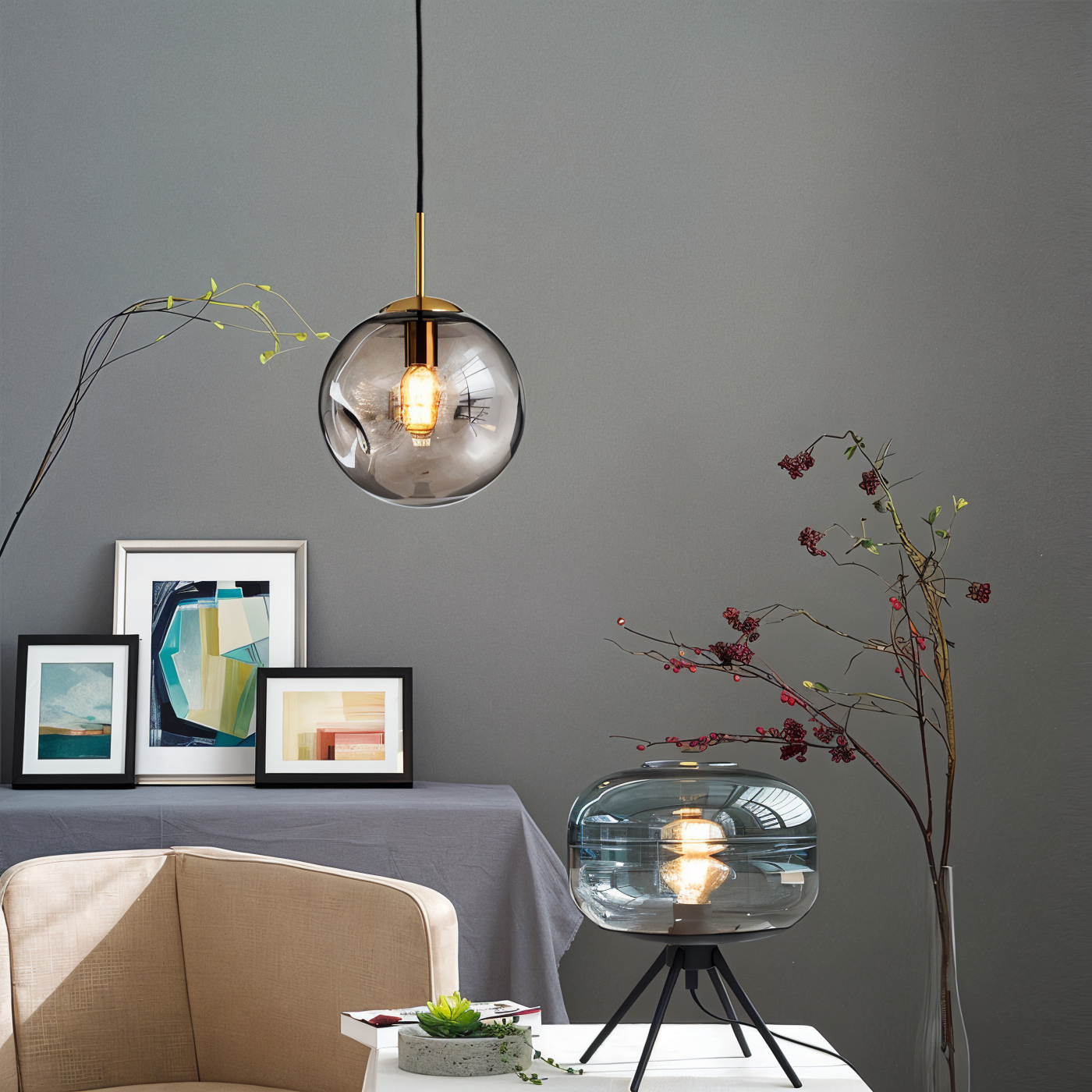 Chrodent pendel - rund champagne grå glas led pendel - vintage wabi sabi belysning