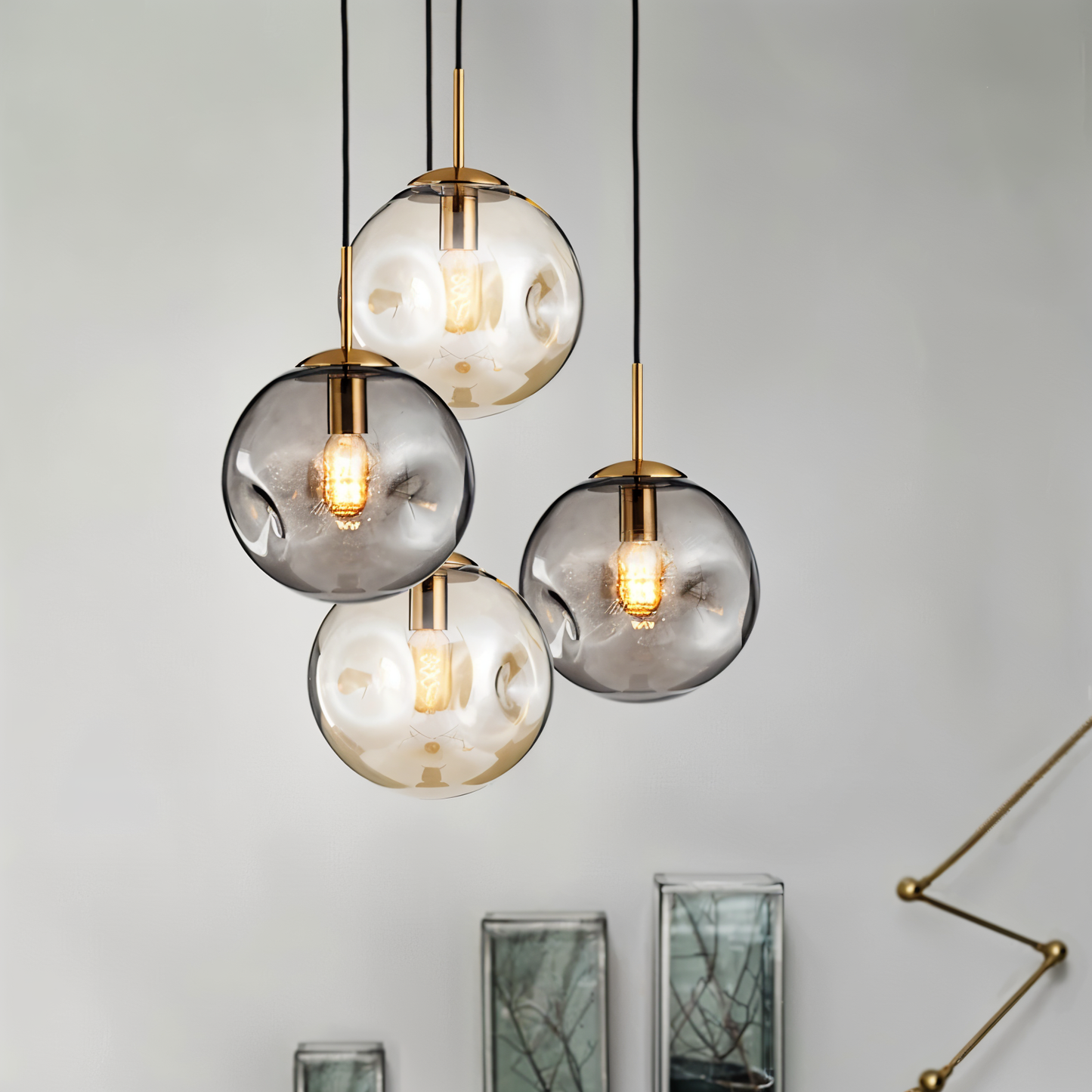 Chrodent pendel - rund champagne grå glas led pendel - vintage wabi sabi belysning