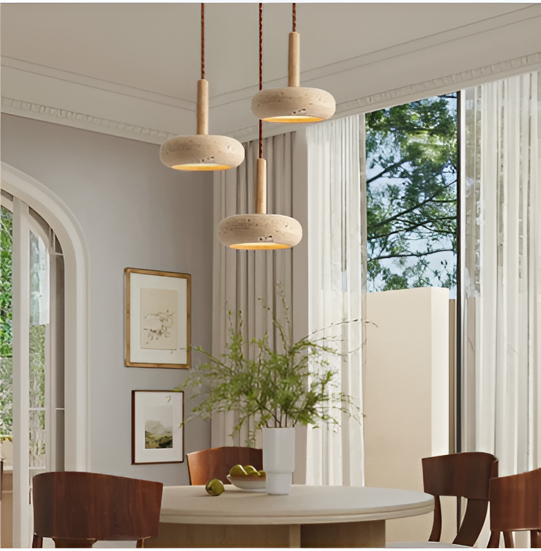 Cremefarvet travertin-pendel - rund loftslampe - retro-pendel