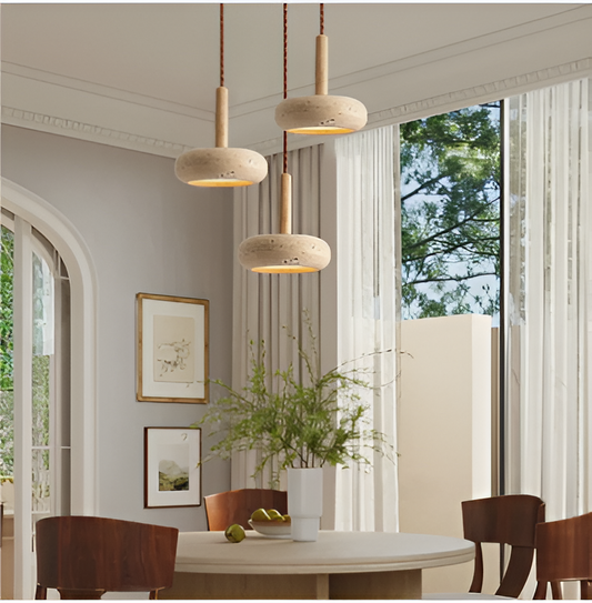 Cremefarvet travertin-pendel - rund loftslampe - retro-pendel