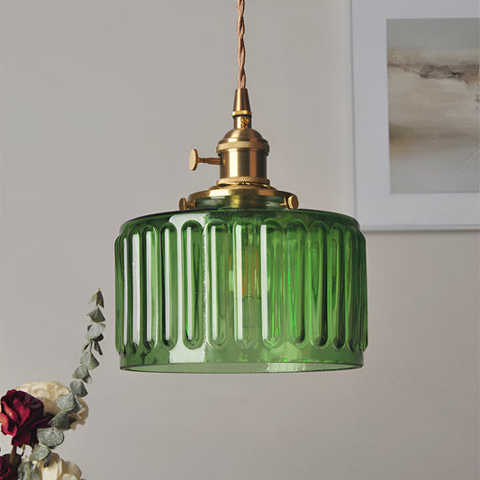 Glamourglass pendel - vintage grøn hængelampe - cylindrisk lys