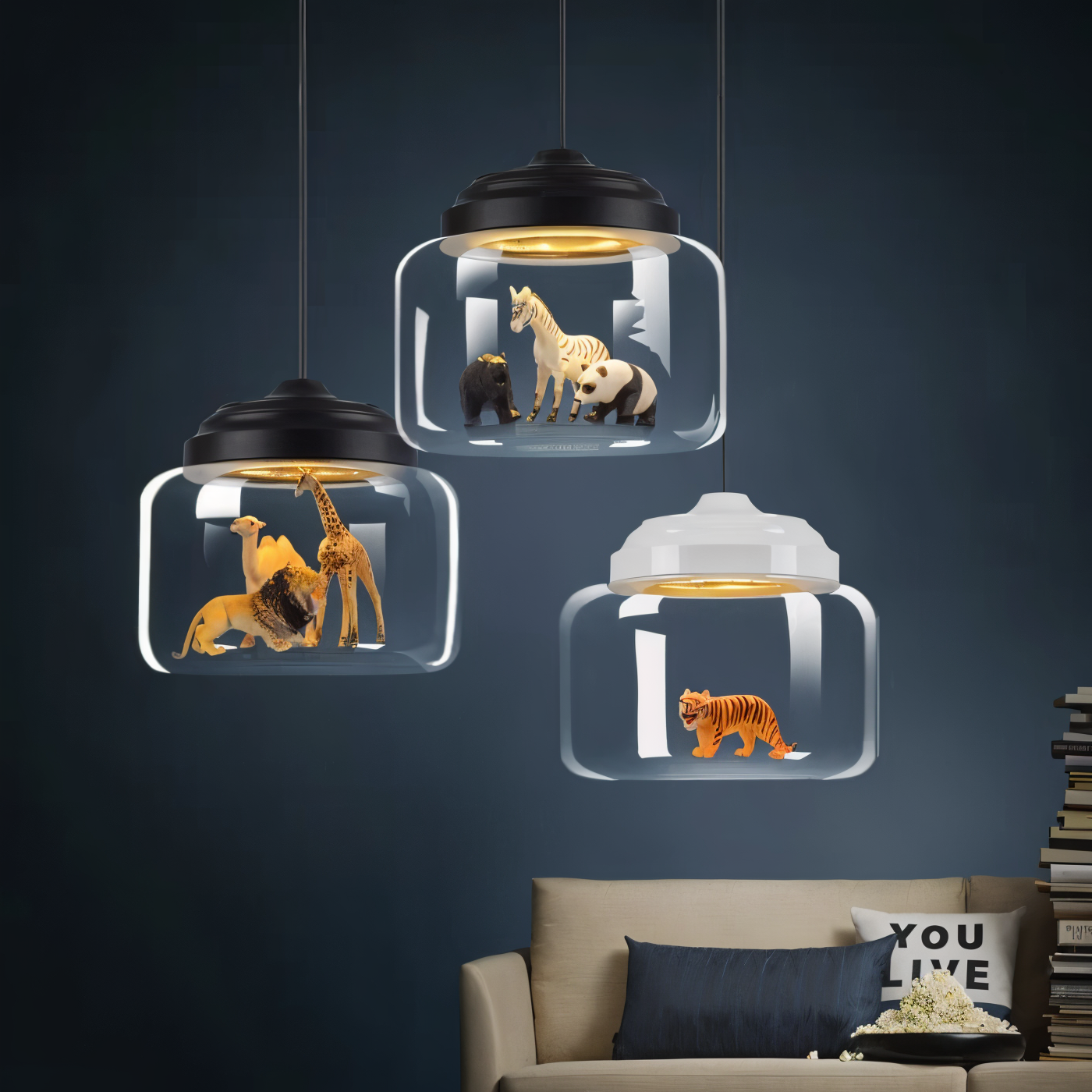 Zoo glas pendel - dekorativ nordisk tegneserie dyr led hængende lampe