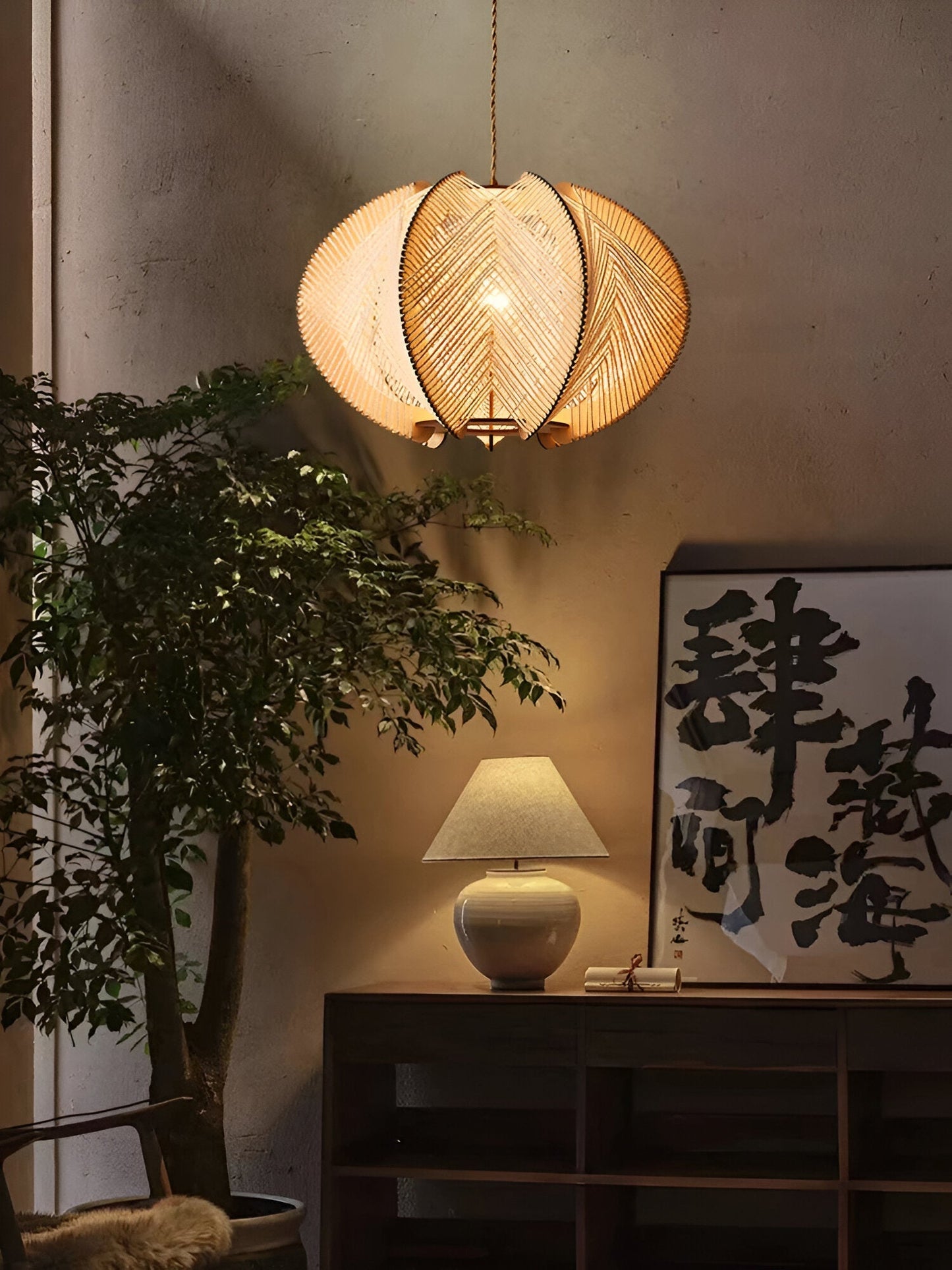 Kirei pendellampe - geometrisk hængelampe lavet af hampereb og træ - wabi sabi lighting