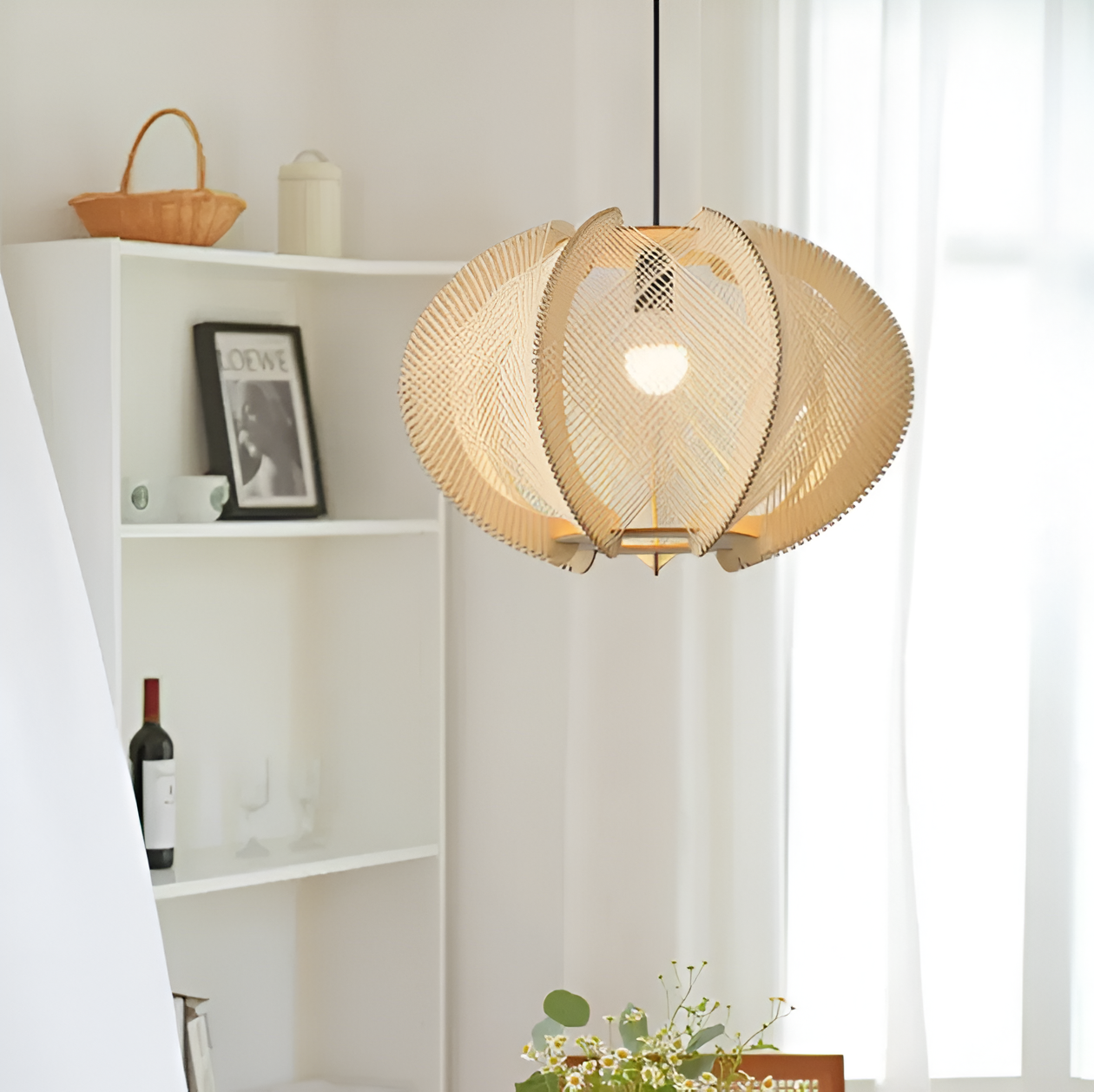 Kirei pendellampe - geometrisk hængelampe lavet af hampereb og træ - wabi sabi lighting