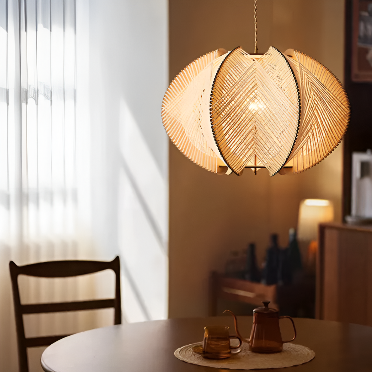 Kirei pendellampe - geometrisk hængelampe lavet af hampereb og træ - wabi sabi lighting